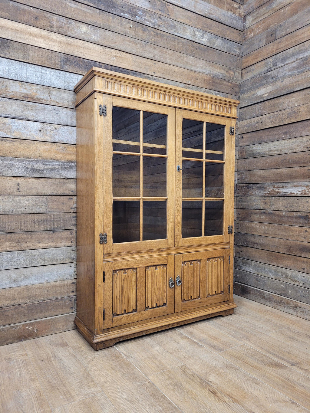 Jacobean Style Oak Bookcase Cabinet Glazed Doors Carved Panels Full Of Old Charm