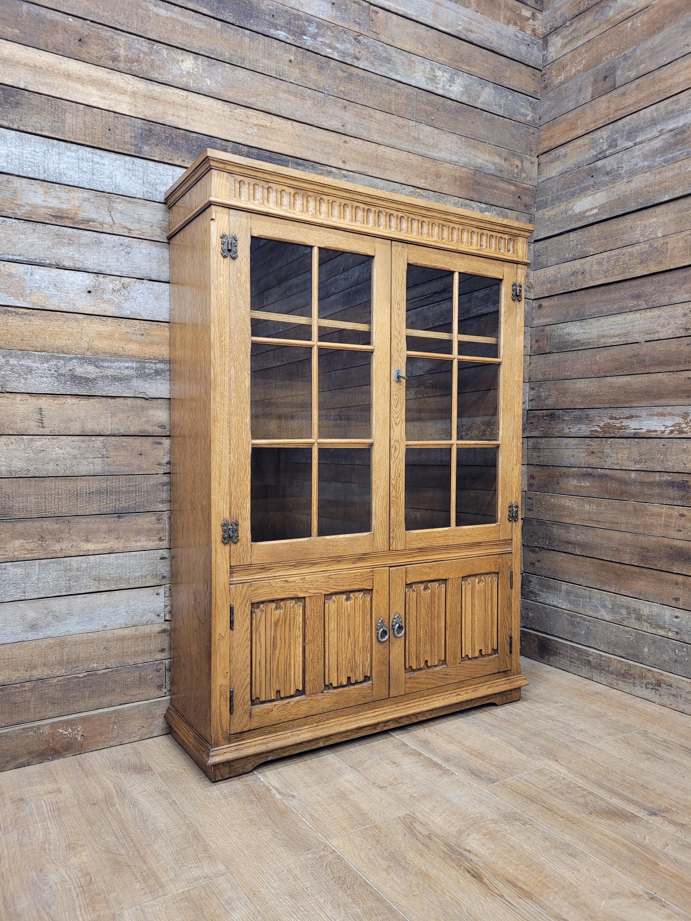 Jacobean Style Oak Bookcase Cabinet Glazed Doors Carved Panels Full Of Old Charm