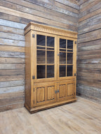 Jacobean Style Oak Bookcase Cabinet Glazed Doors Carved Panels Full Of Old Charm