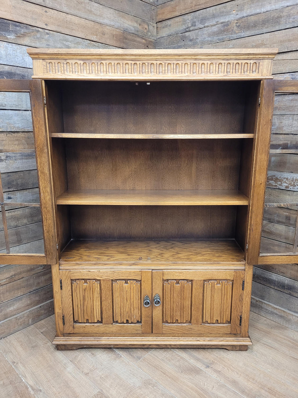 Jacobean Style Oak Bookcase Cabinet Glazed Doors Carved Panels Full Of Old Charm