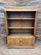 Jacobean Style Oak Bookcase Cabinet Glazed Doors Carved Panels Full Of Old Charm