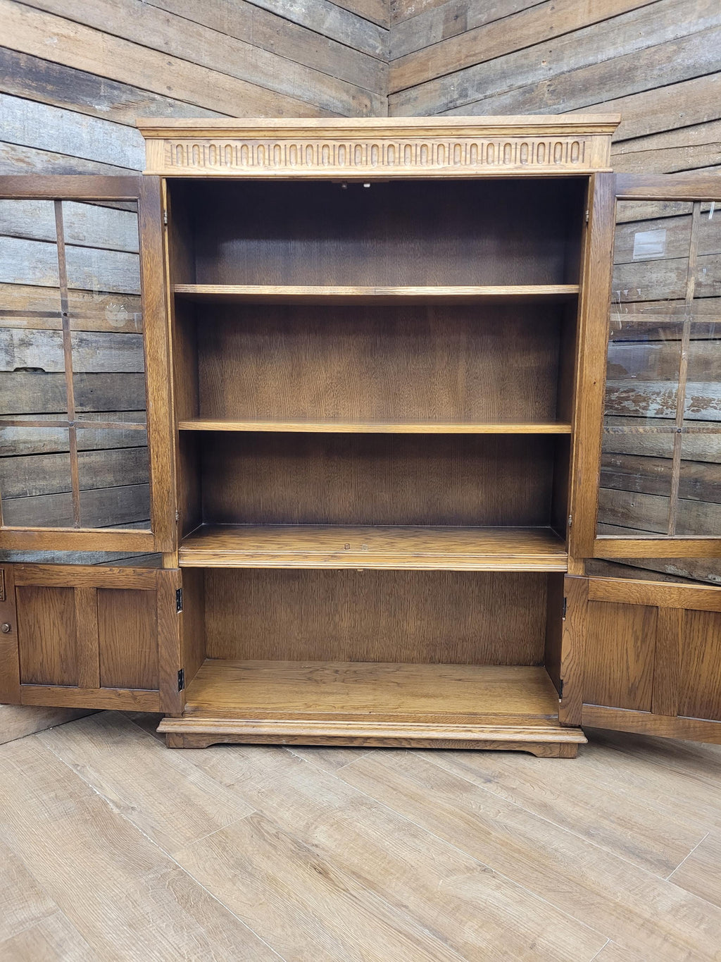 Jacobean Style Oak Bookcase Cabinet Glazed Doors Carved Panels Full Of Old Charm