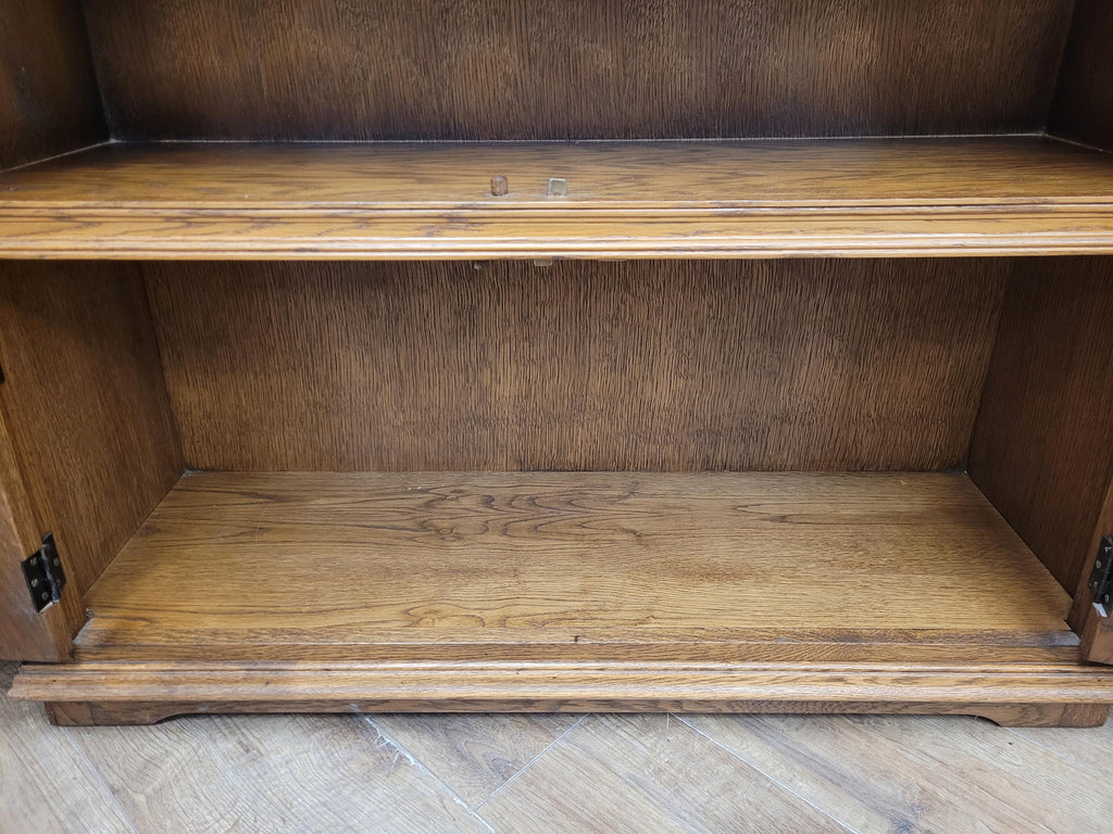 Jacobean Style Oak Bookcase Cabinet Glazed Doors Carved Panels Full Of Old Charm