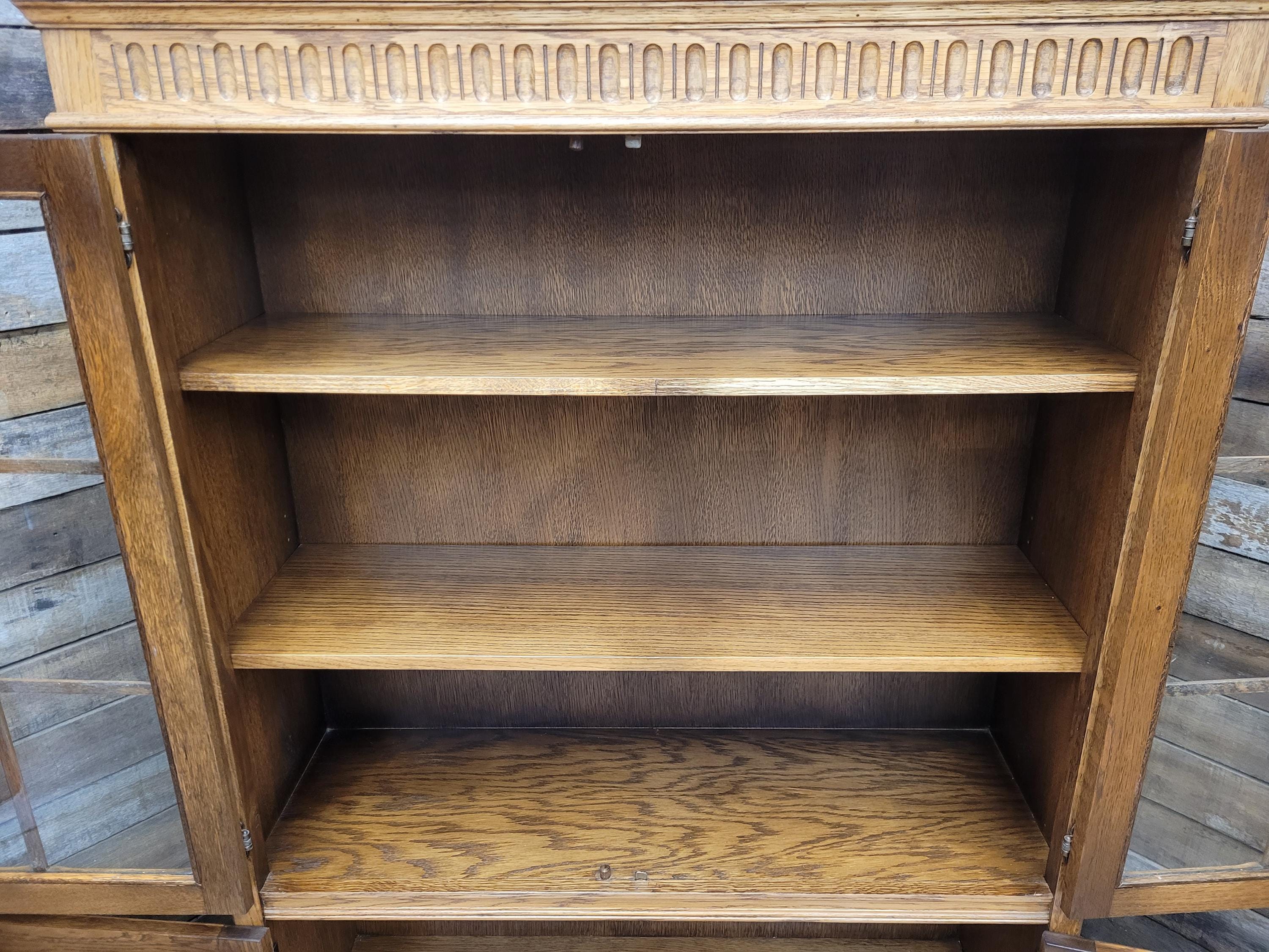 Jacobean Style Oak Bookcase Cabinet Glazed Doors Carved Panels Full Of Old Charm