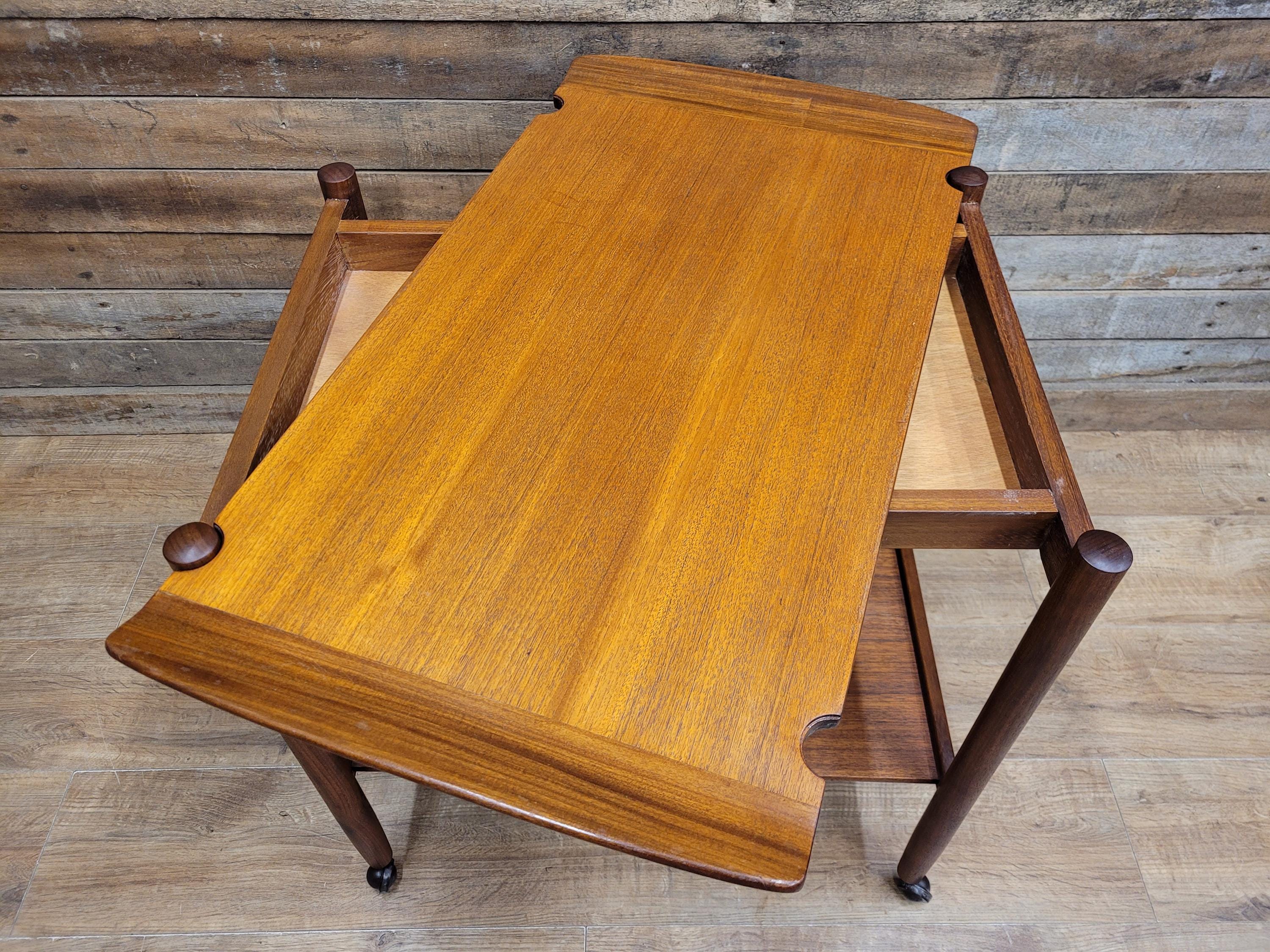 Mid Century Teak Drinks Trolley Serving Cart Removable Tray