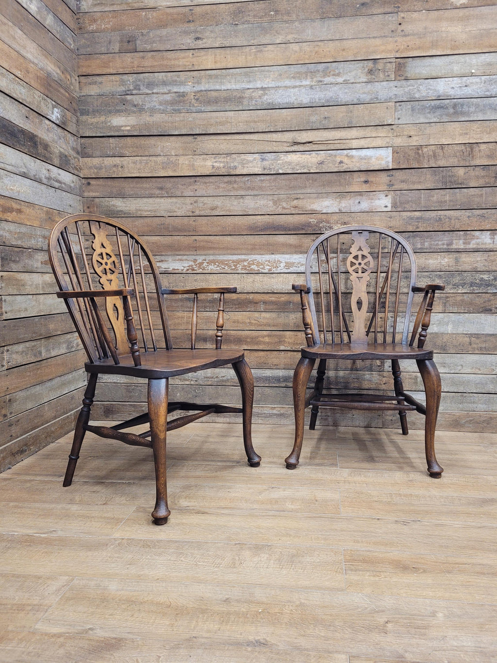 Pair Victorian Elm Windsor Armchairs Cabriole Legs Farmhouse C19th Antique