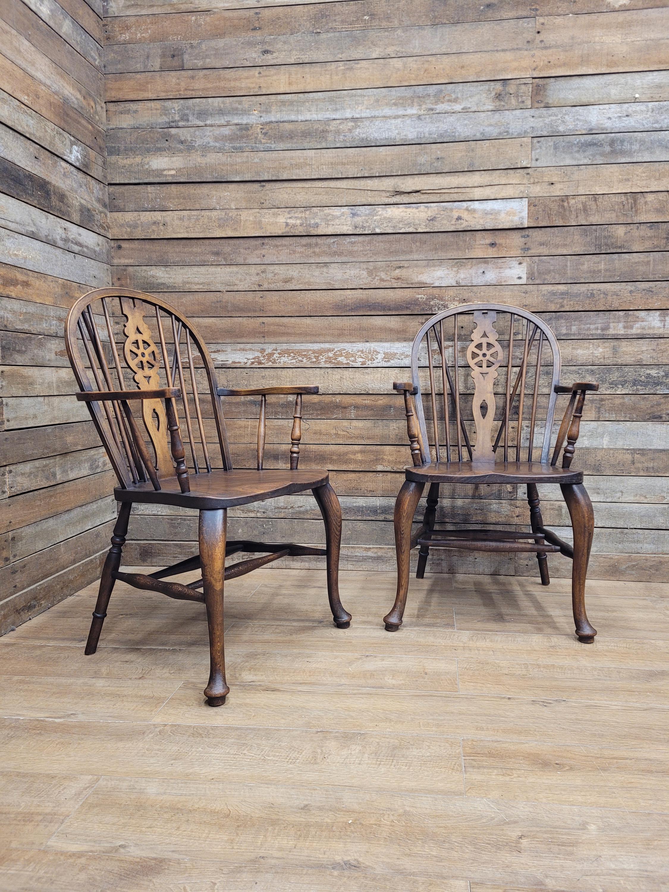 Pair Victorian Elm Windsor Armchairs Cabriole Legs Farmhouse C19th Antique