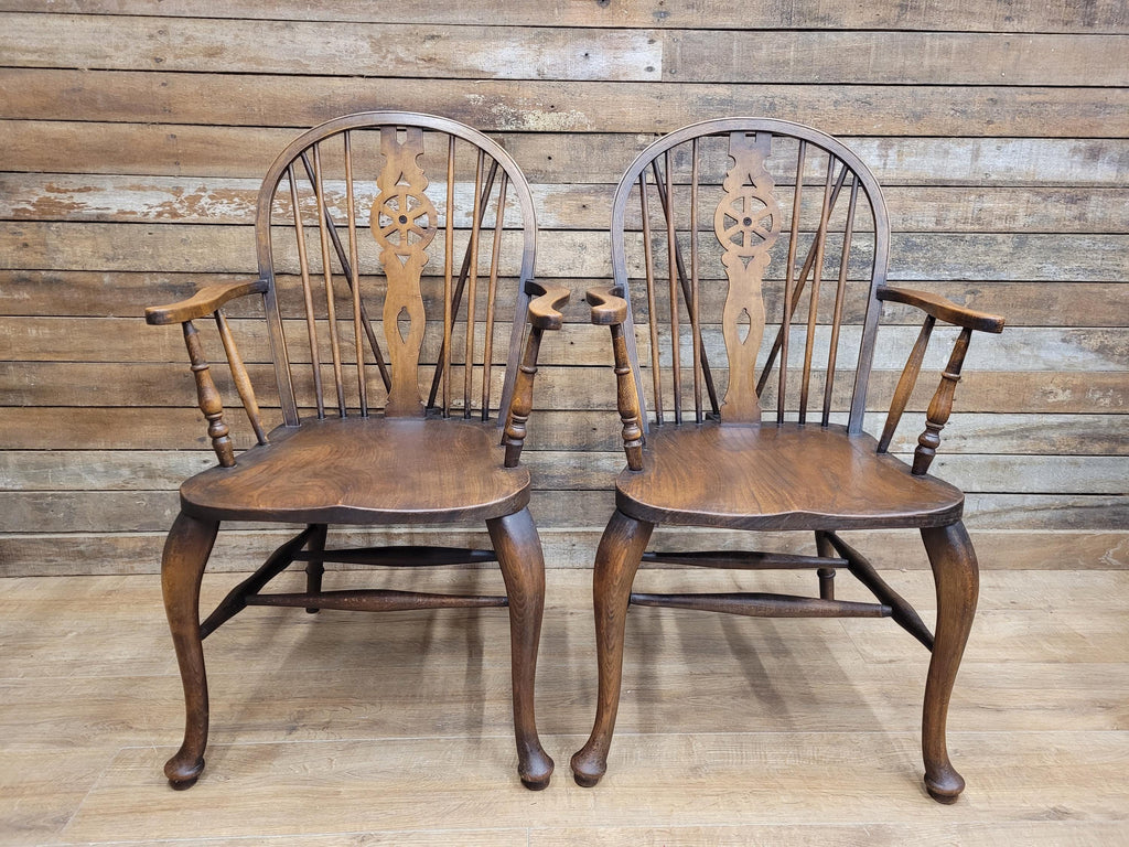 Pair Victorian Elm Windsor Armchairs Cabriole Legs Farmhouse C19th Antique