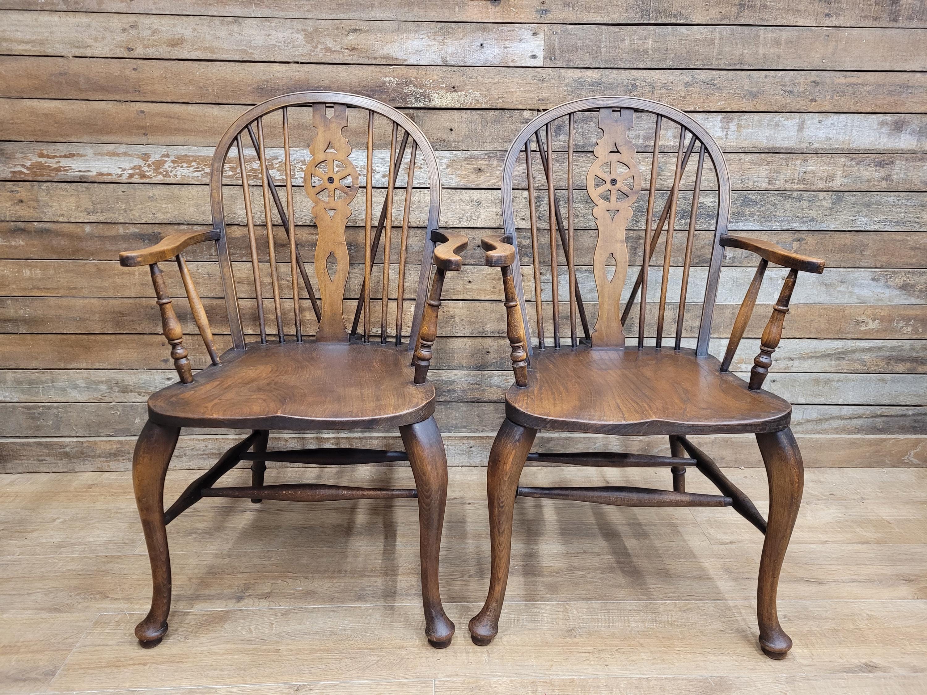 Pair Victorian Elm Windsor Armchairs Cabriole Legs Farmhouse C19th Antique