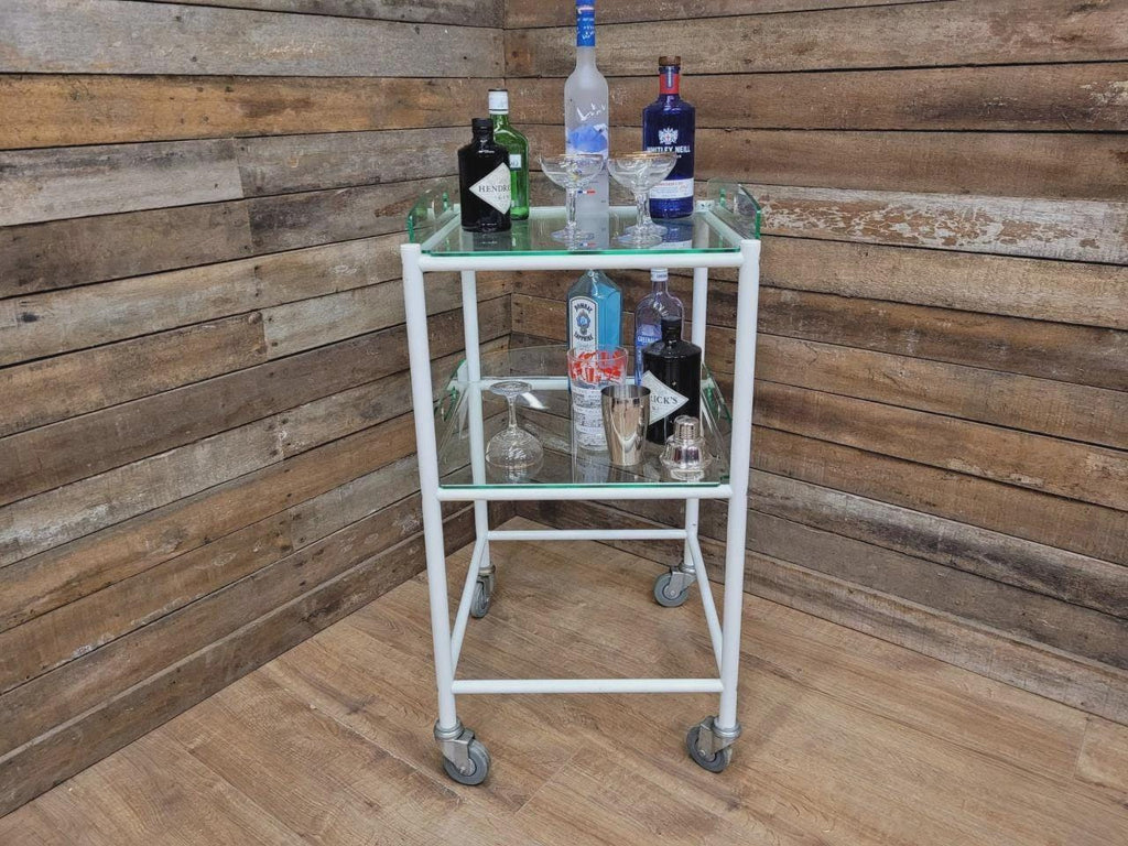 Mid Century Medical Trolley White Tubular Plastic Shelves Drinks Trolley