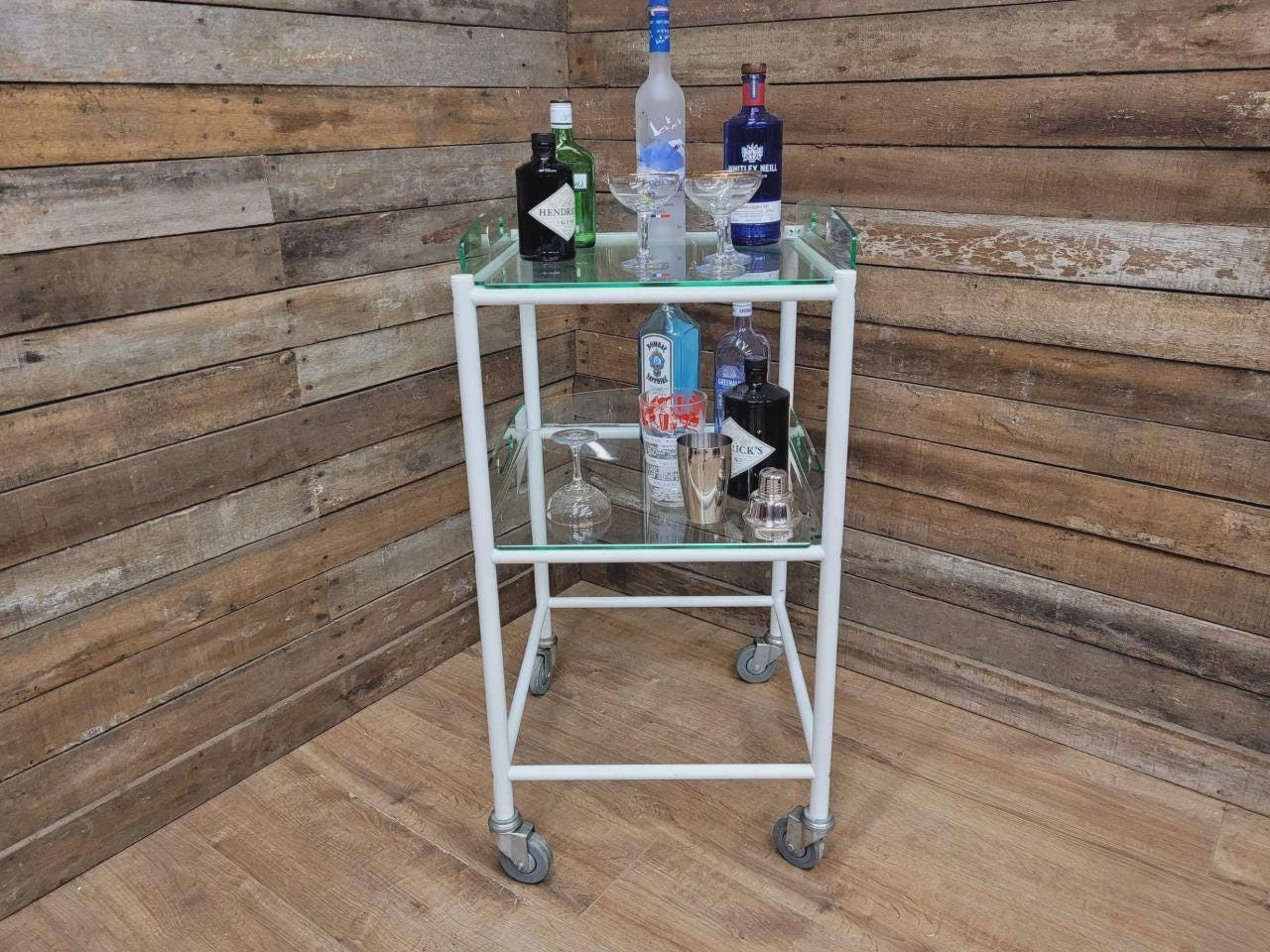 Mid Century Medical Trolley White Tubular Plastic Shelves Drinks Trolley
