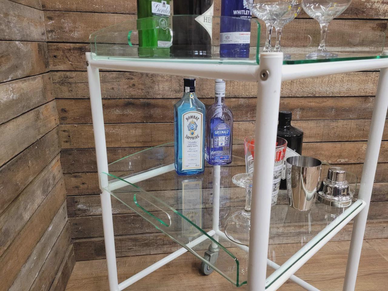 Mid Century Medical Trolley White Tubular Plastic Shelves Drinks Trolley