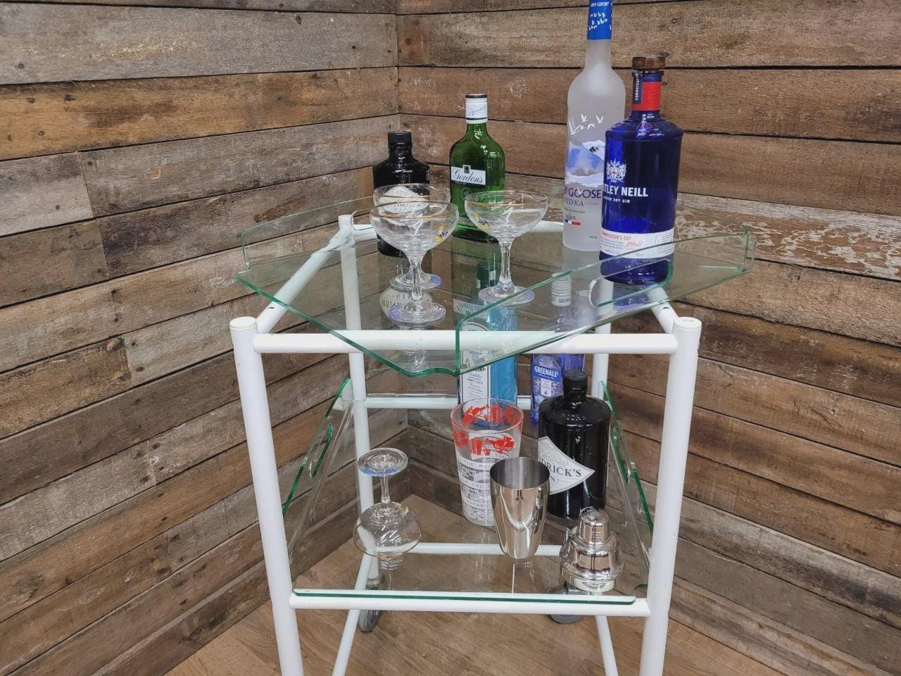 Mid Century Medical Trolley White Tubular Plastic Shelves Drinks Trolley