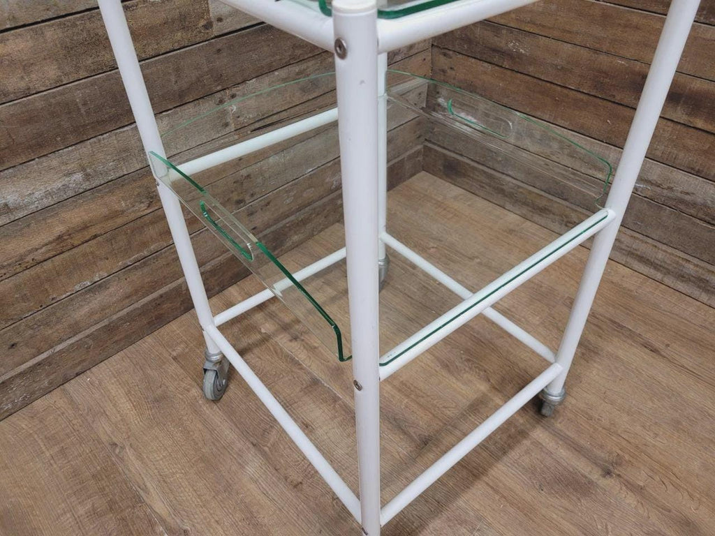Mid Century Medical Trolley White Tubular Plastic Shelves Drinks Trolley