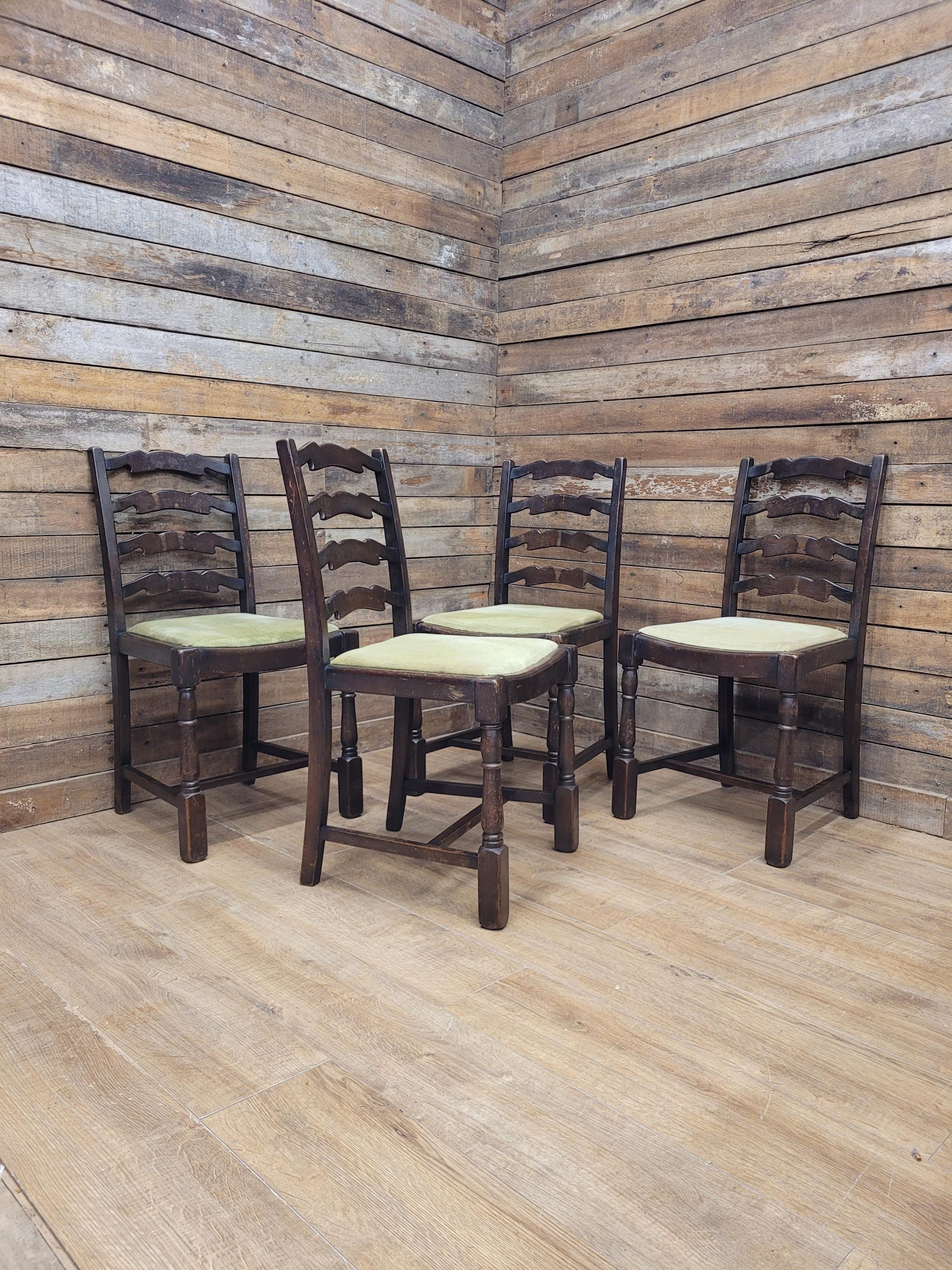 Four Rustic Ladder Back Dining Chairs Upholstered Seats
