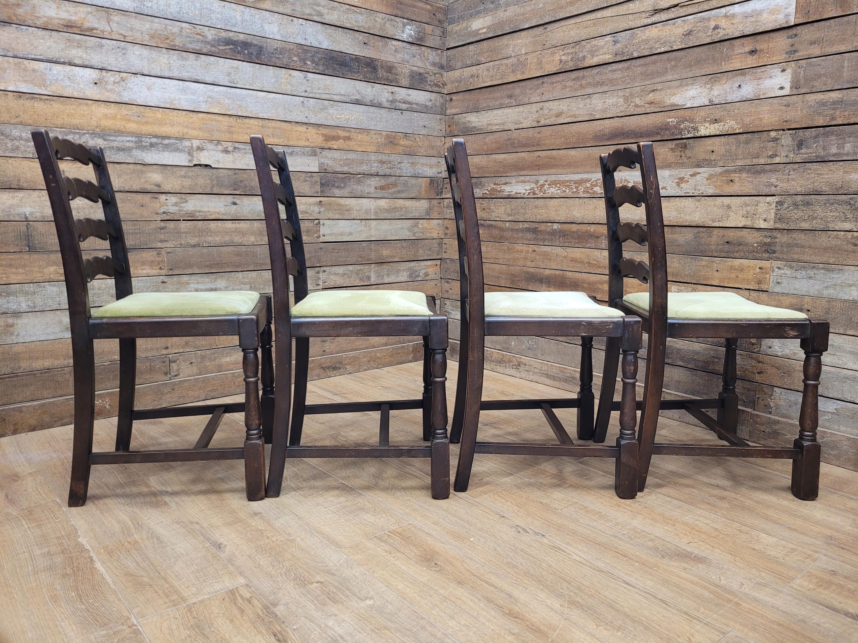 Four Rustic Ladder Back Dining Chairs Upholstered Seats