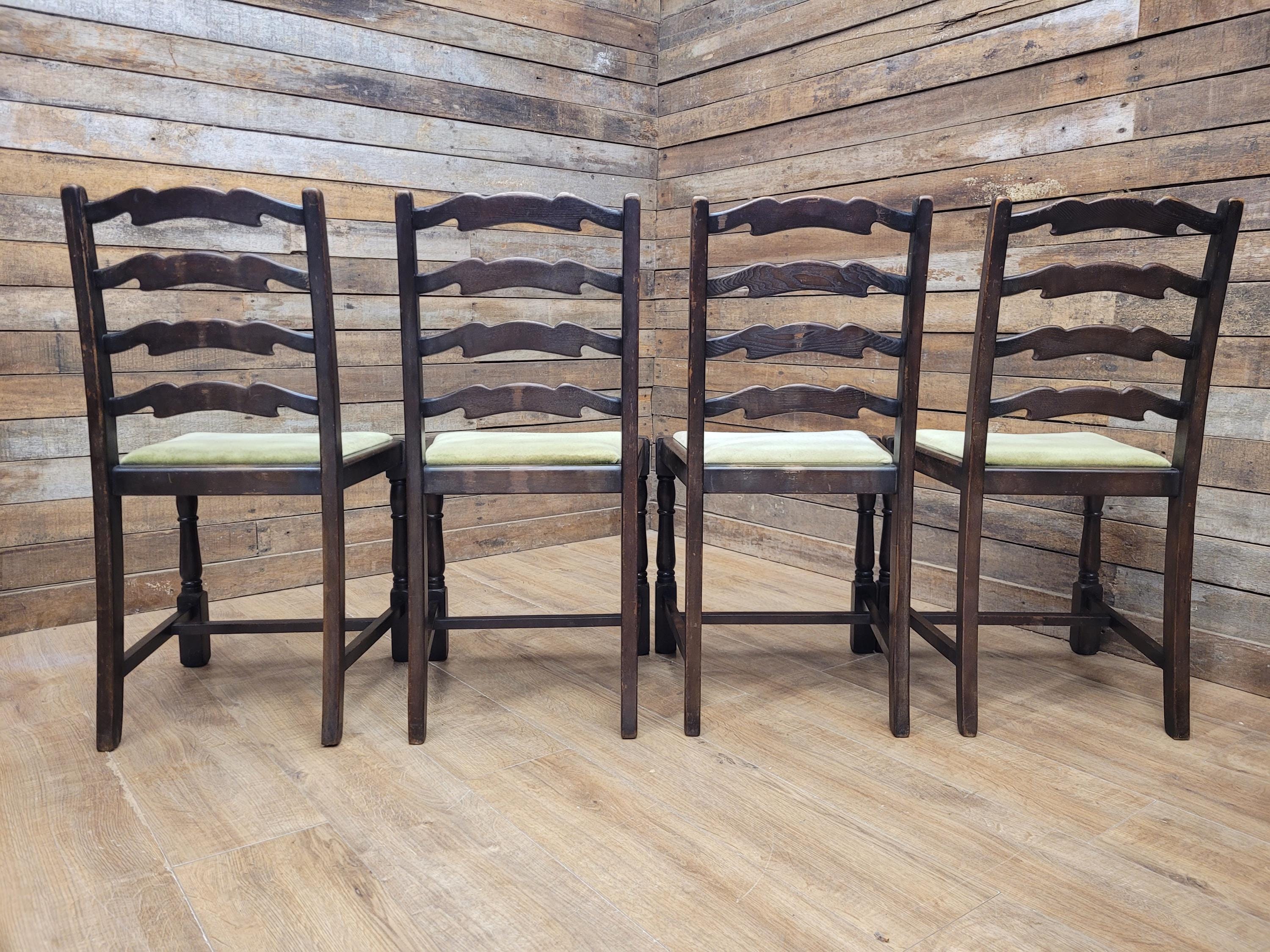Four Rustic Ladder Back Dining Chairs Upholstered Seats