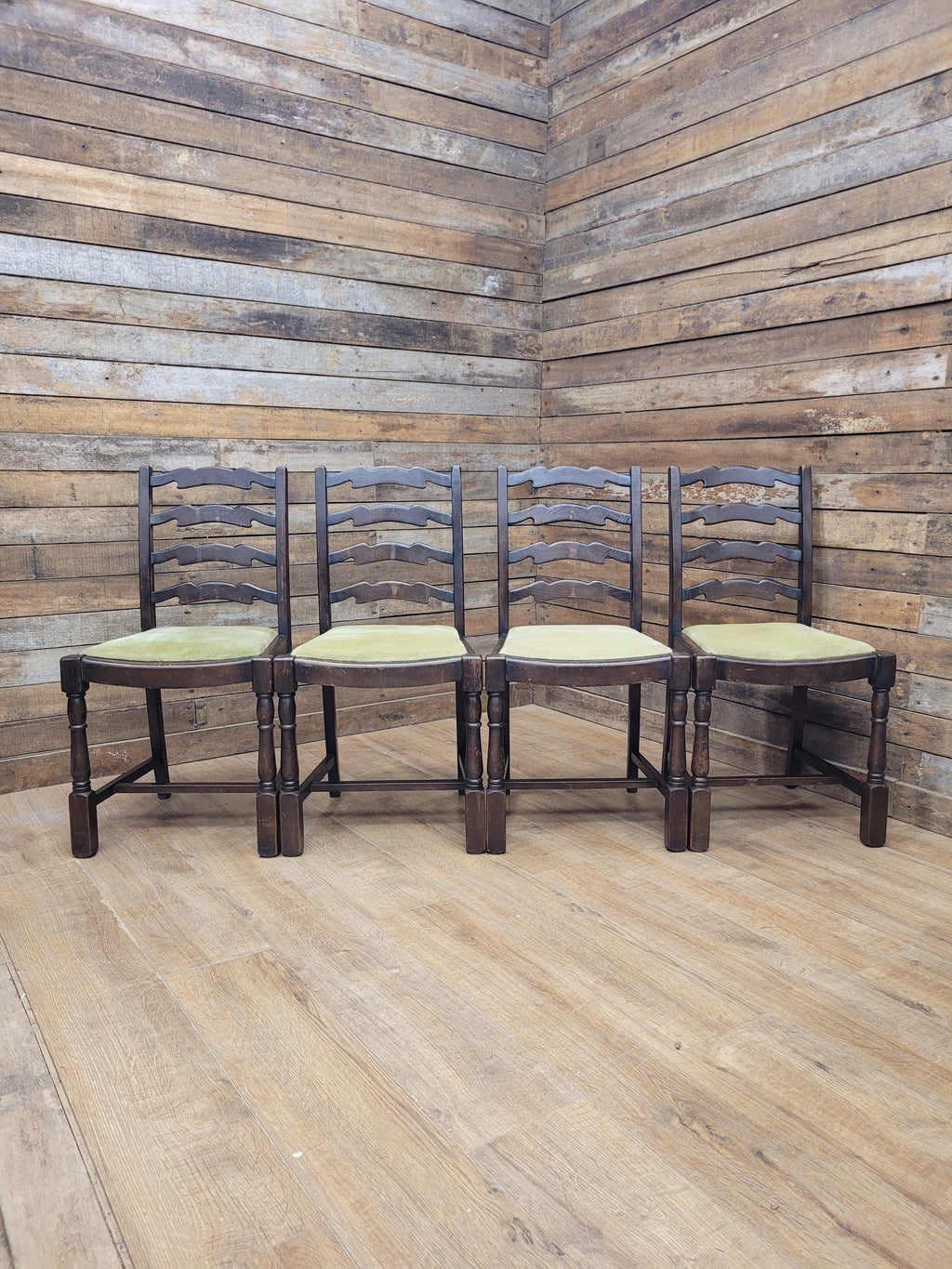 Four Rustic Ladder Back Dining Chairs Upholstered Seats