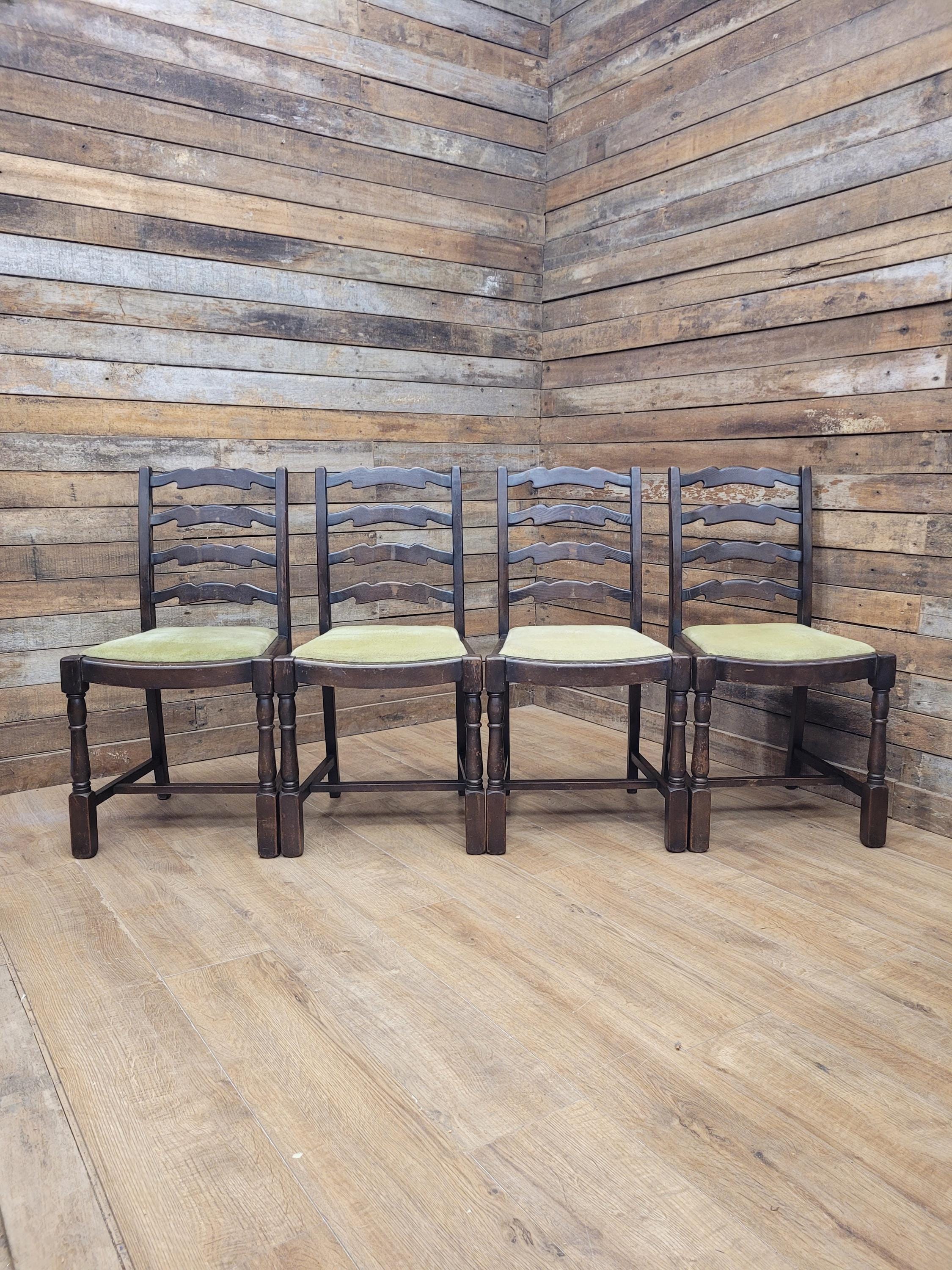 Four Rustic Ladder Back Dining Chairs Upholstered Seats