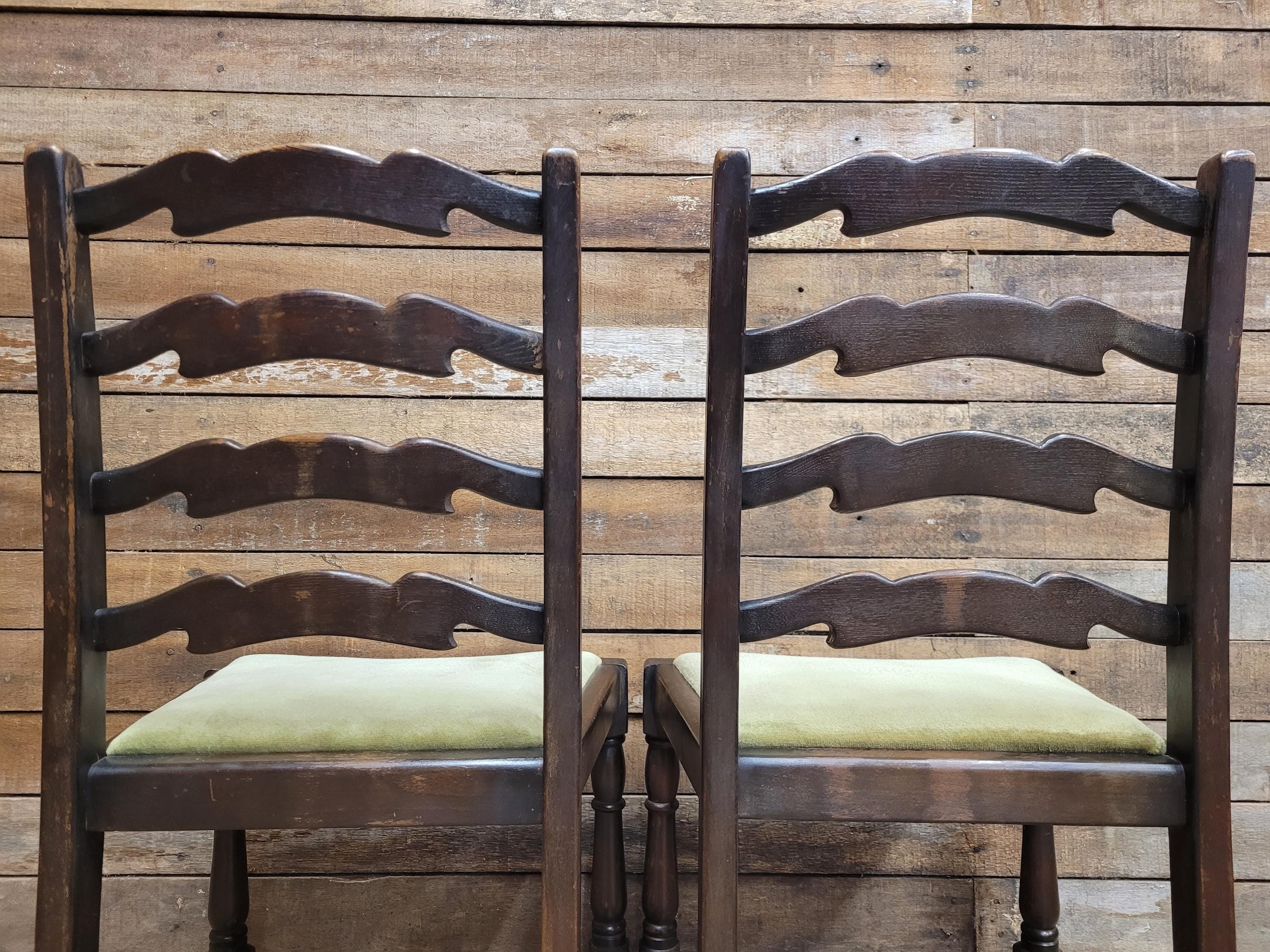 Four Rustic Ladder Back Dining Chairs Upholstered Seats