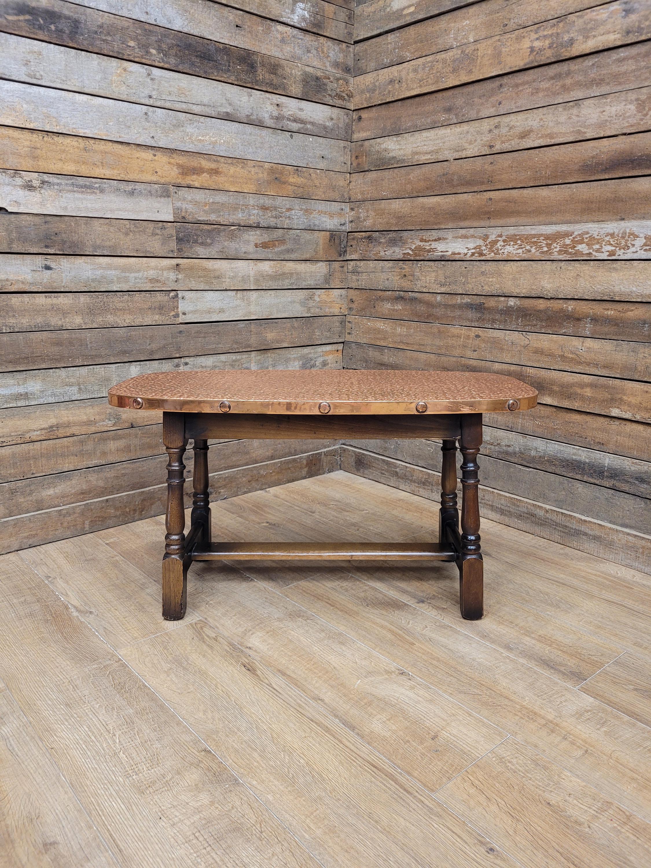 Arts And Crafts Style Copper Top Coffee Table Turned Oak Base
