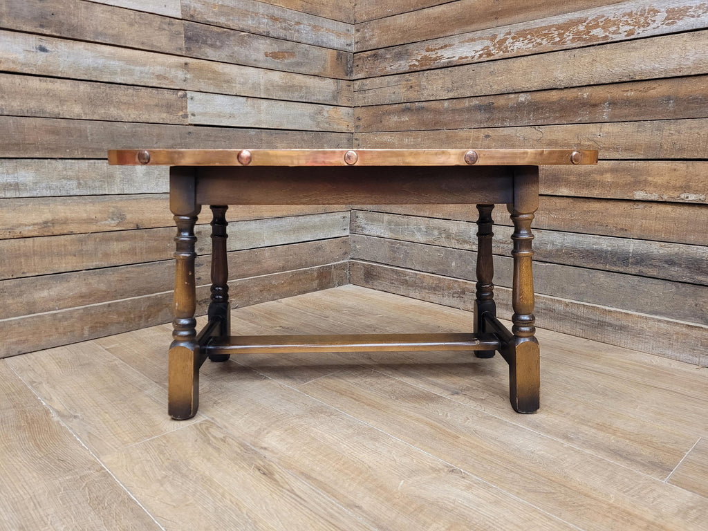 Arts And Crafts Style Copper Top Coffee Table Turned Oak Base
