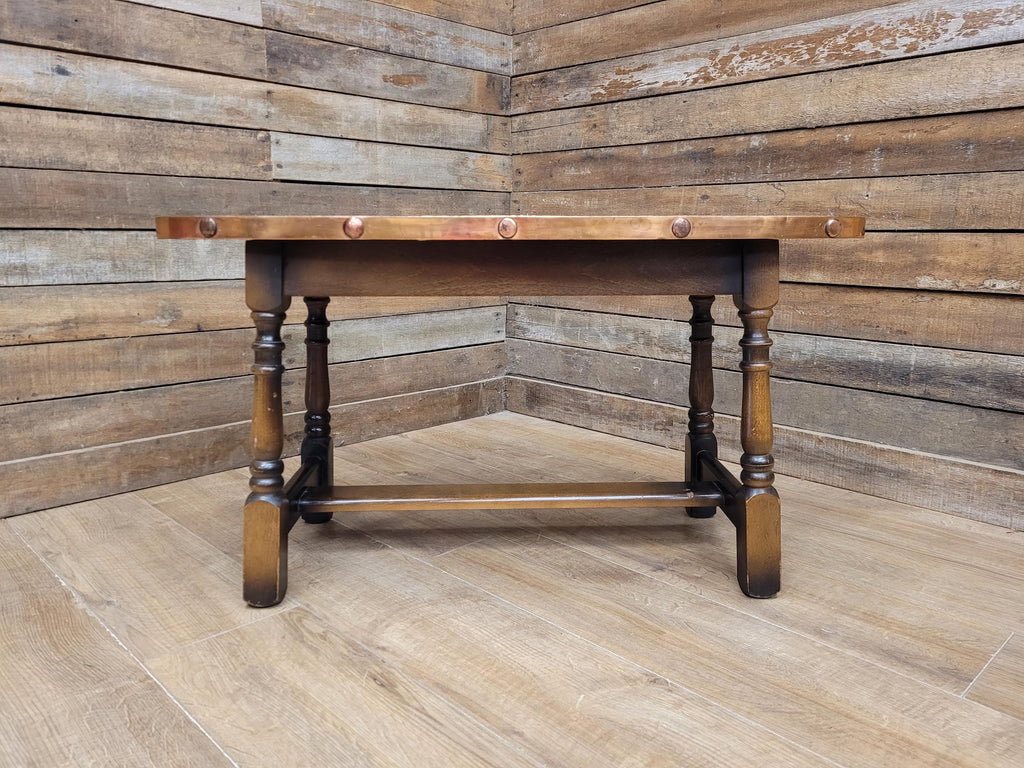 Arts And Crafts Style Copper Top Coffee Table Turned Oak Base