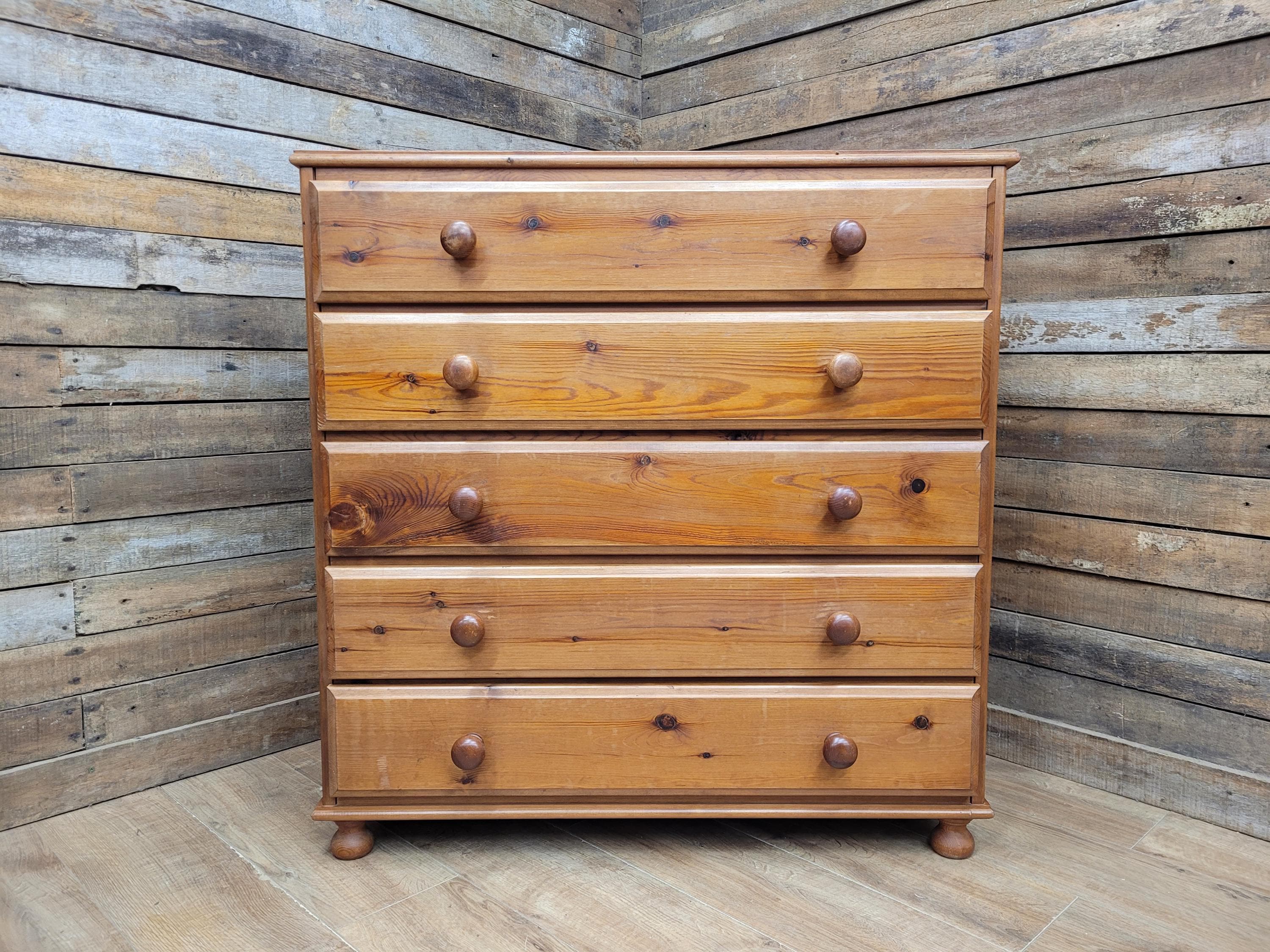 Rustic Pine Five Drawer Chest Distressed Country Vintage Bedroom Storage