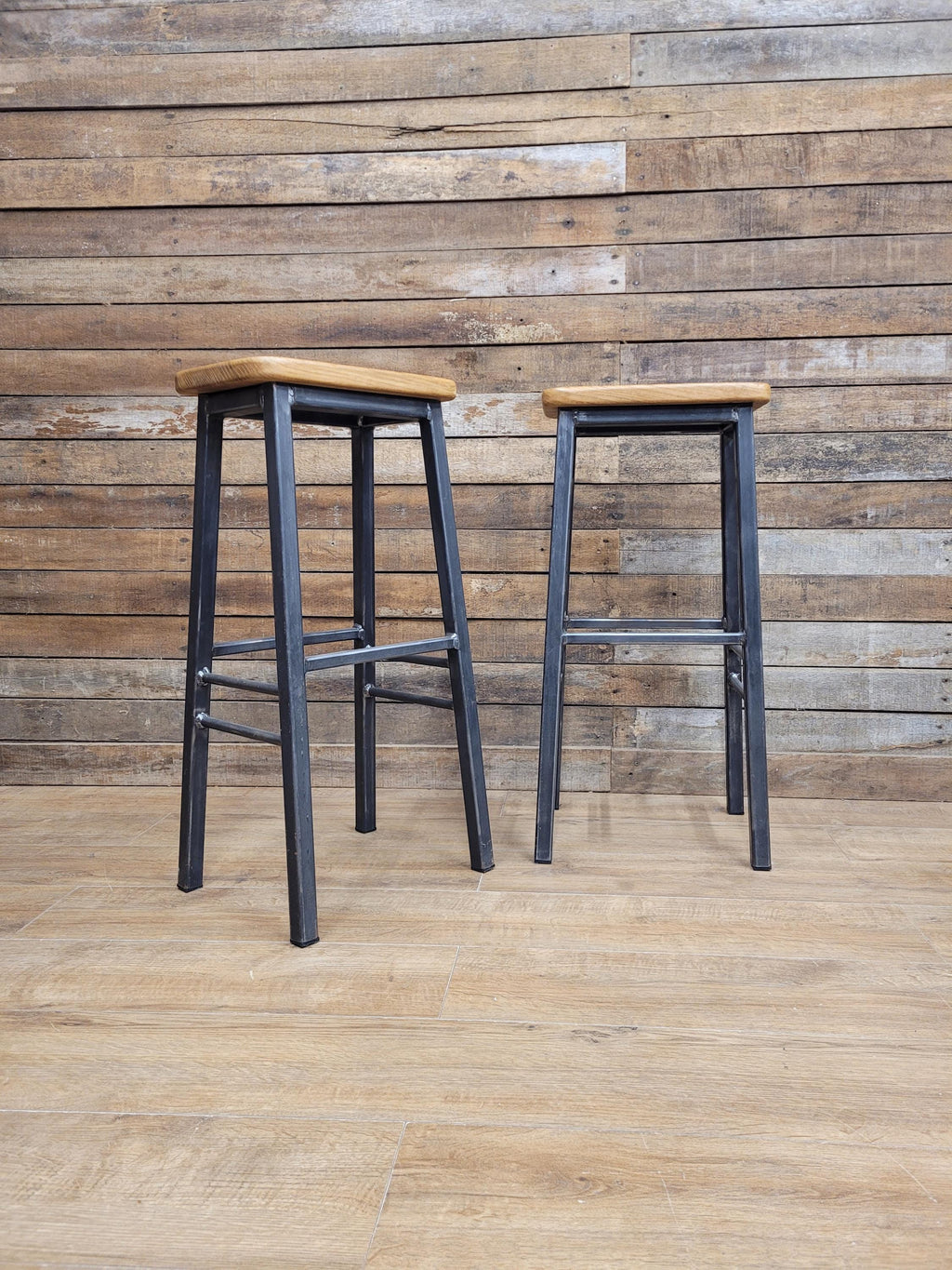 Pair Industrial Oak Bar Stools Metal Frame Kitchen Breakfast Seating