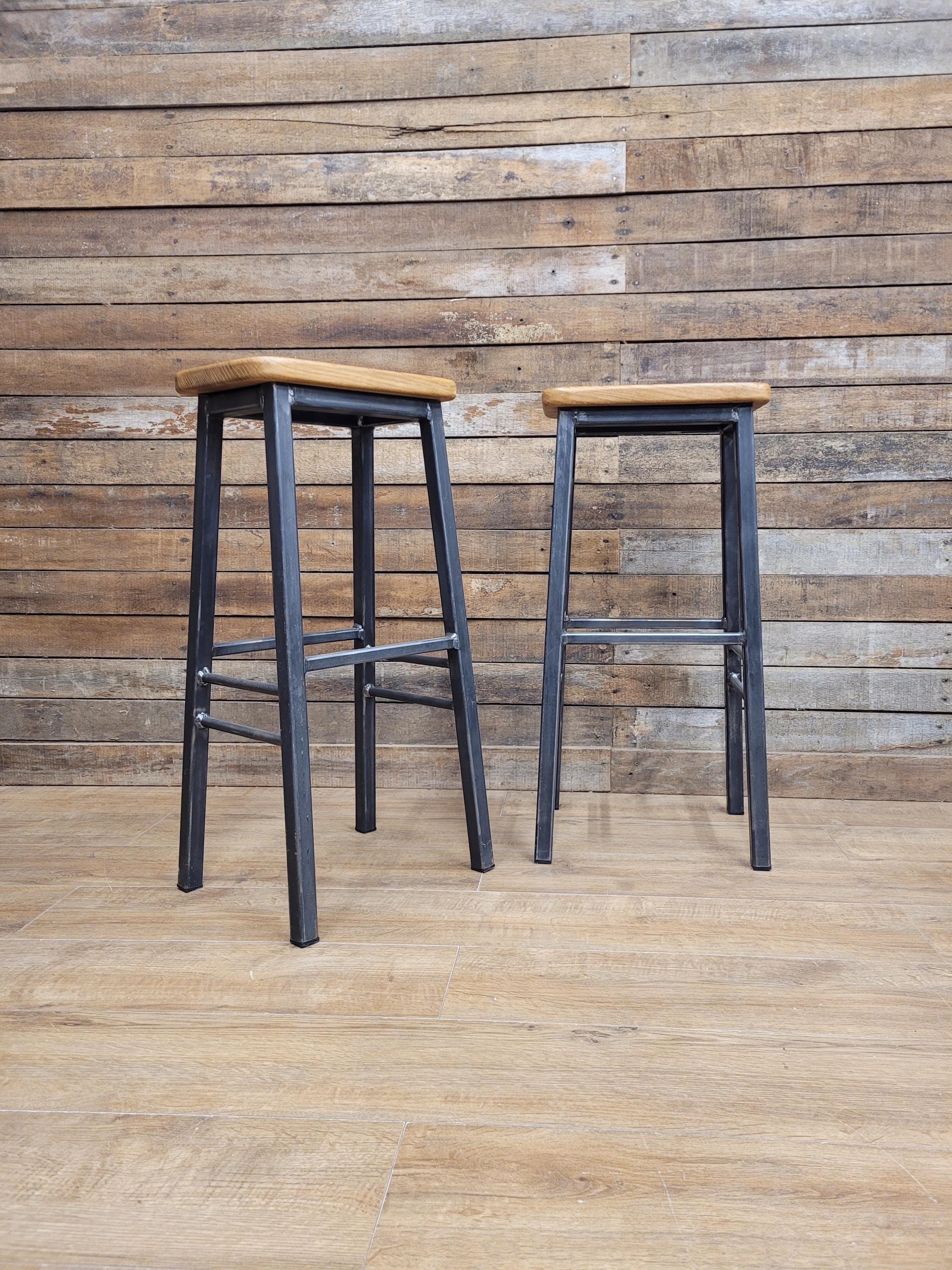 Pair Industrial Oak Bar Stools Metal Frame Kitchen Breakfast Seating
