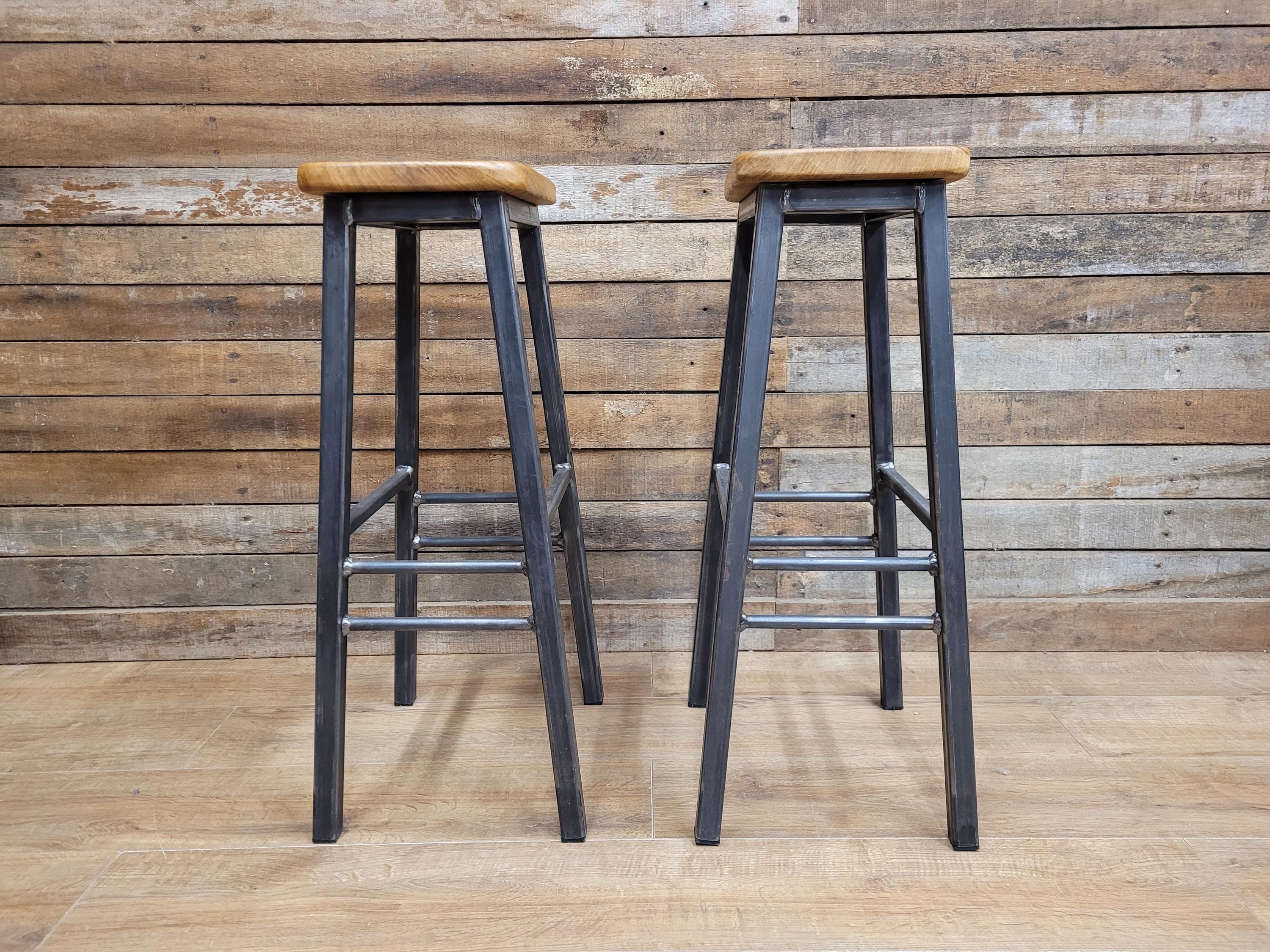 Pair Industrial Oak Bar Stools Metal Frame Kitchen Breakfast Seating