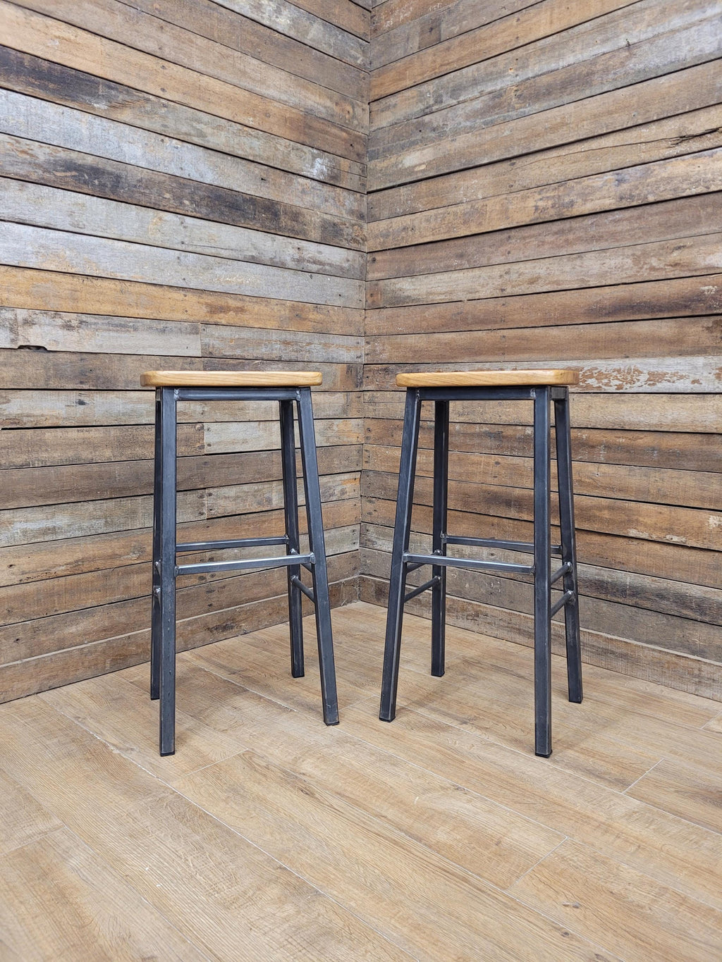 Pair Industrial Oak Bar Stools Metal Frame Kitchen Breakfast Seating