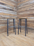 Pair Industrial Oak Bar Stools Metal Frame Kitchen Breakfast Seating