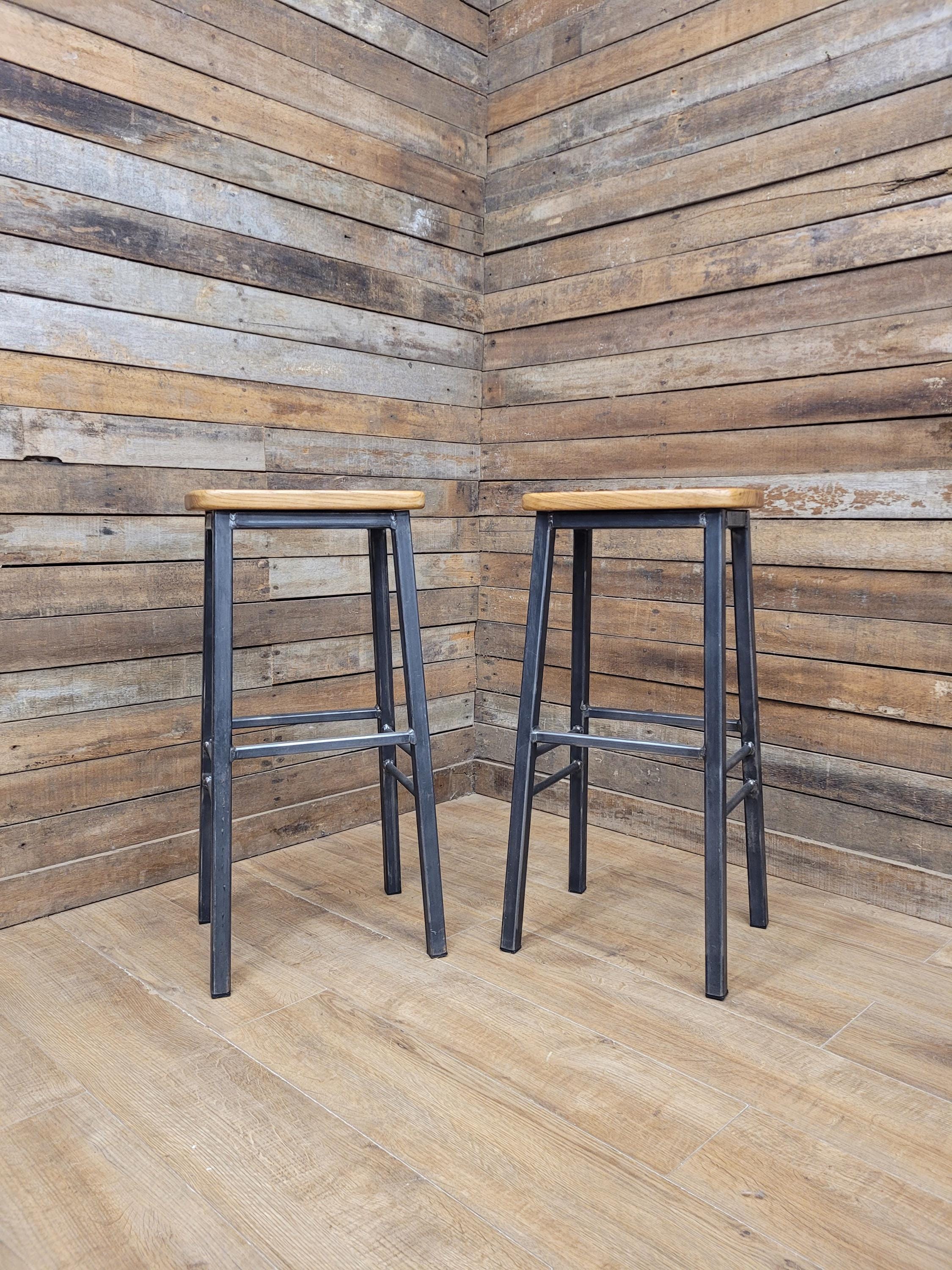 Pair Industrial Oak Bar Stools Metal Frame Kitchen Breakfast Seating