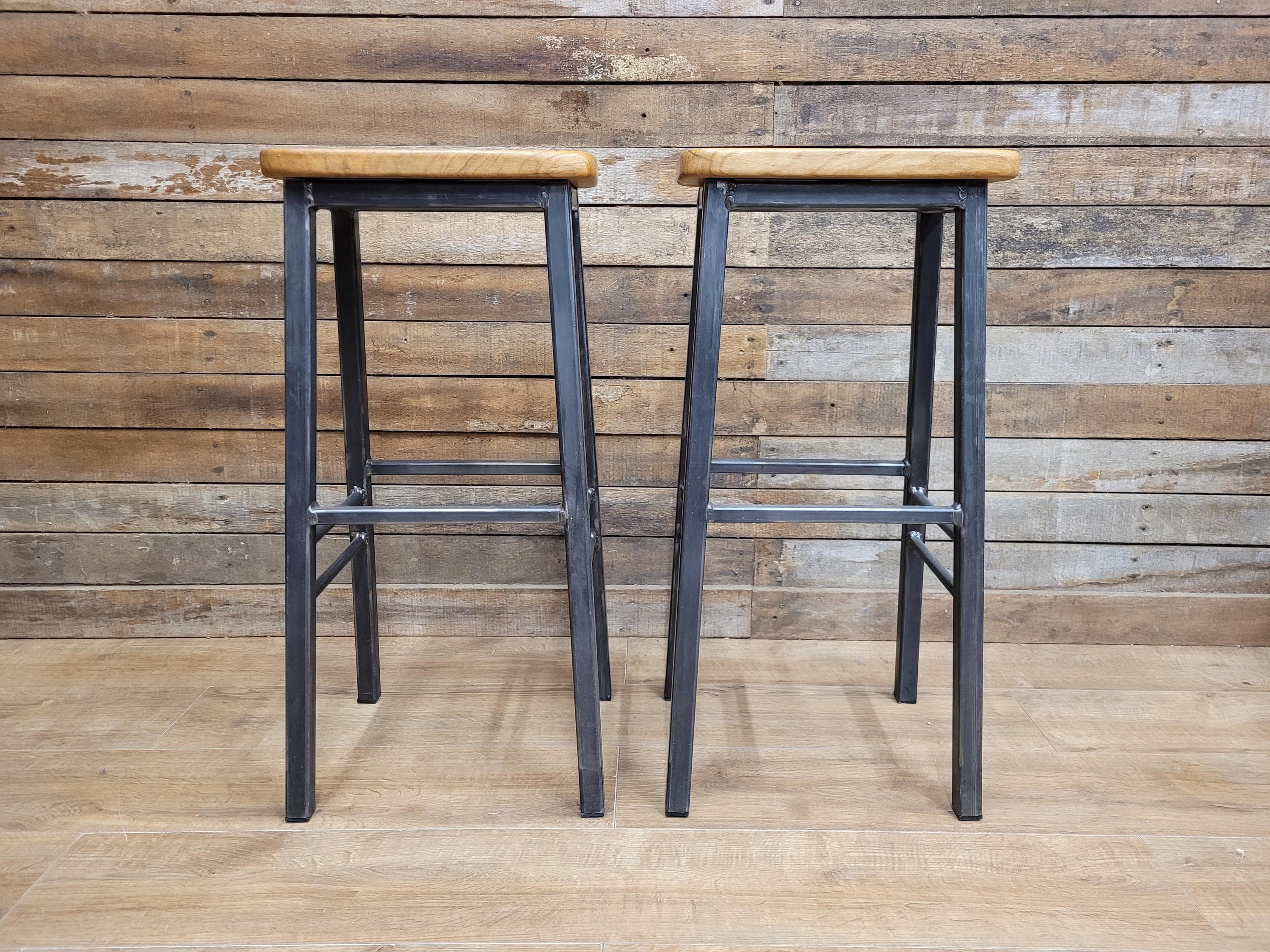 Pair Industrial Oak Bar Stools Metal Frame Kitchen Breakfast Seating