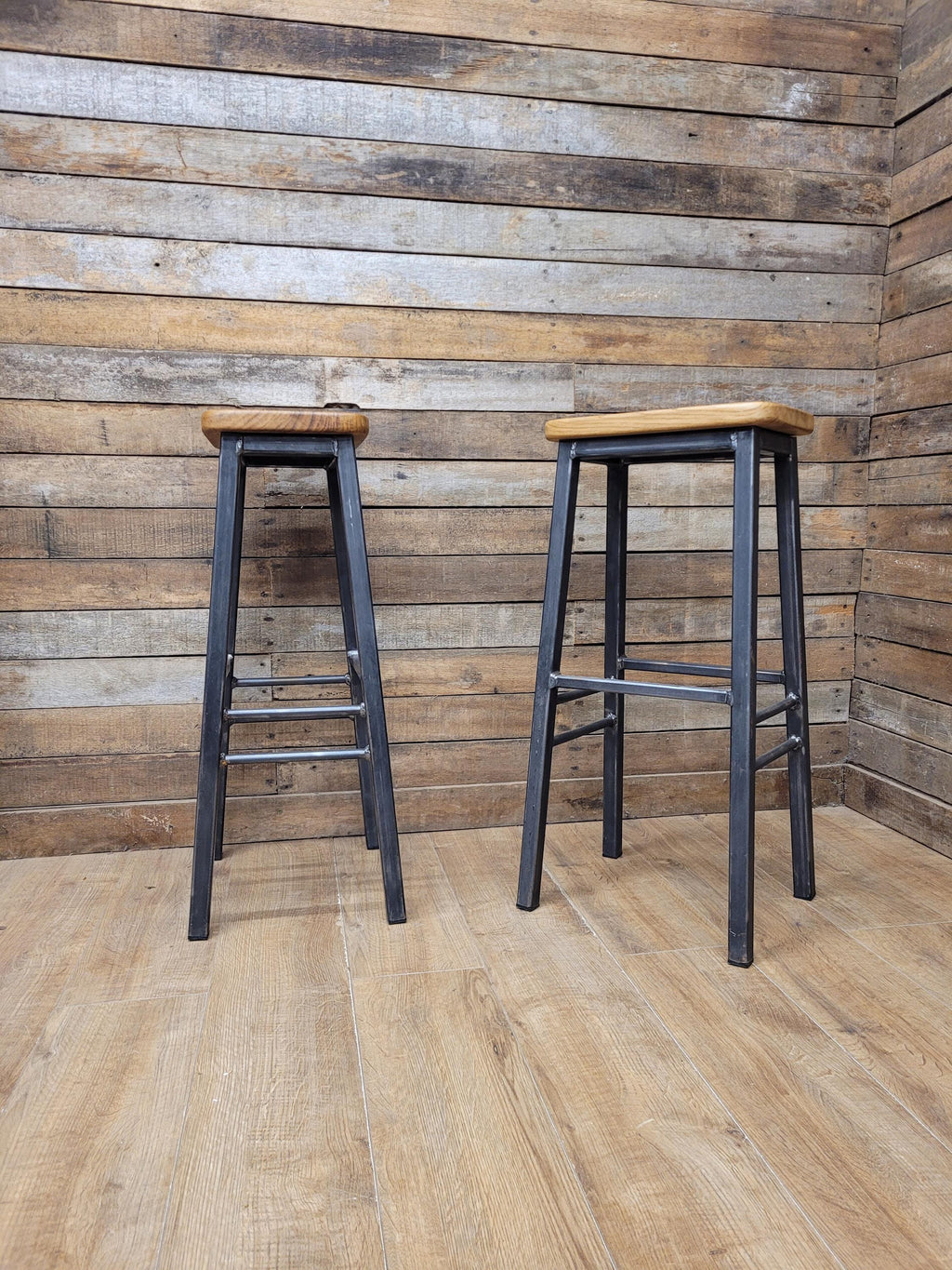 Pair Industrial Oak Bar Stools Metal Frame Kitchen Breakfast Seating