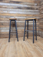 Pair Industrial Oak Bar Stools Metal Frame Kitchen Breakfast Seating