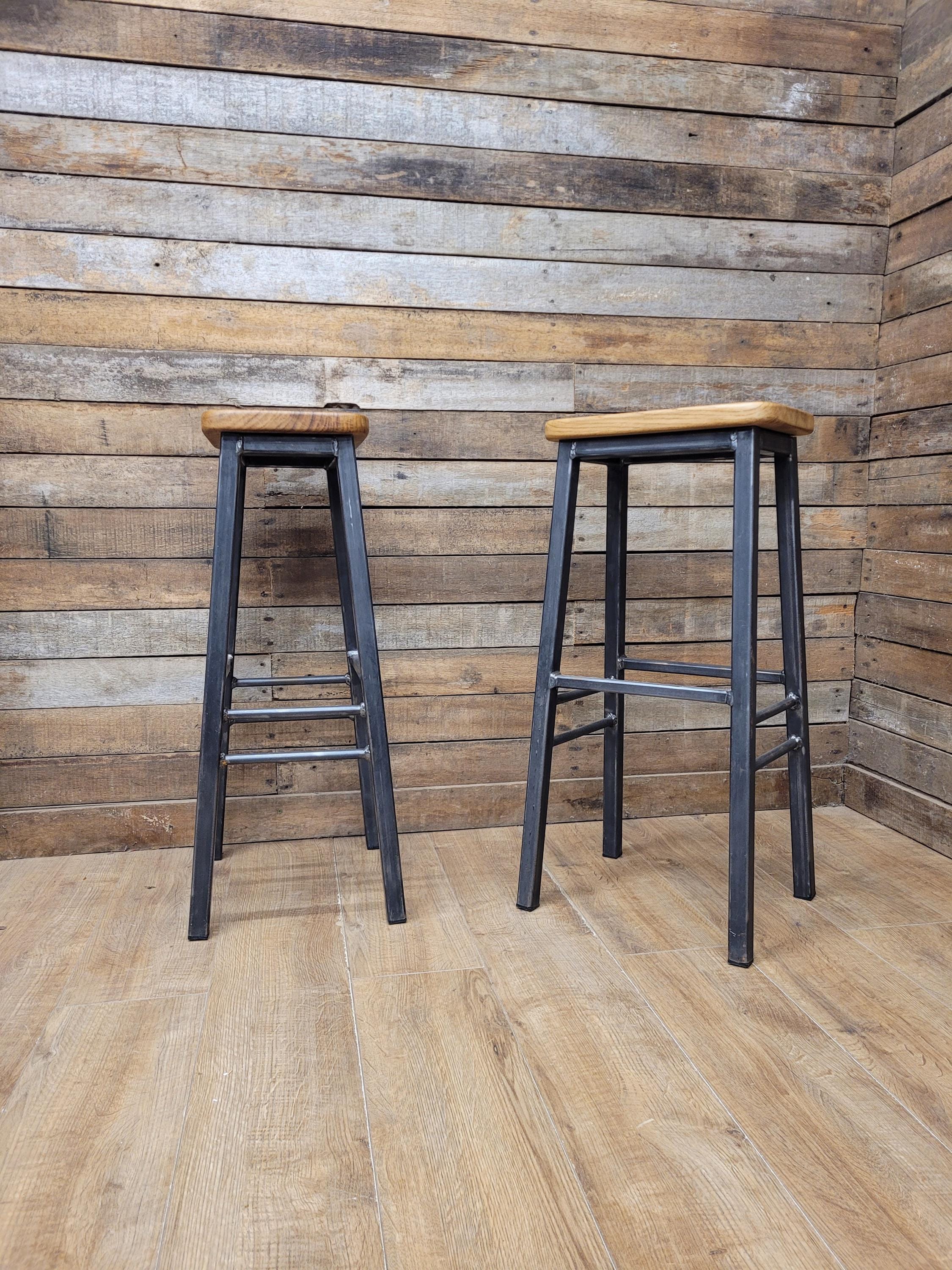 Pair Industrial Oak Bar Stools Metal Frame Kitchen Breakfast Seating