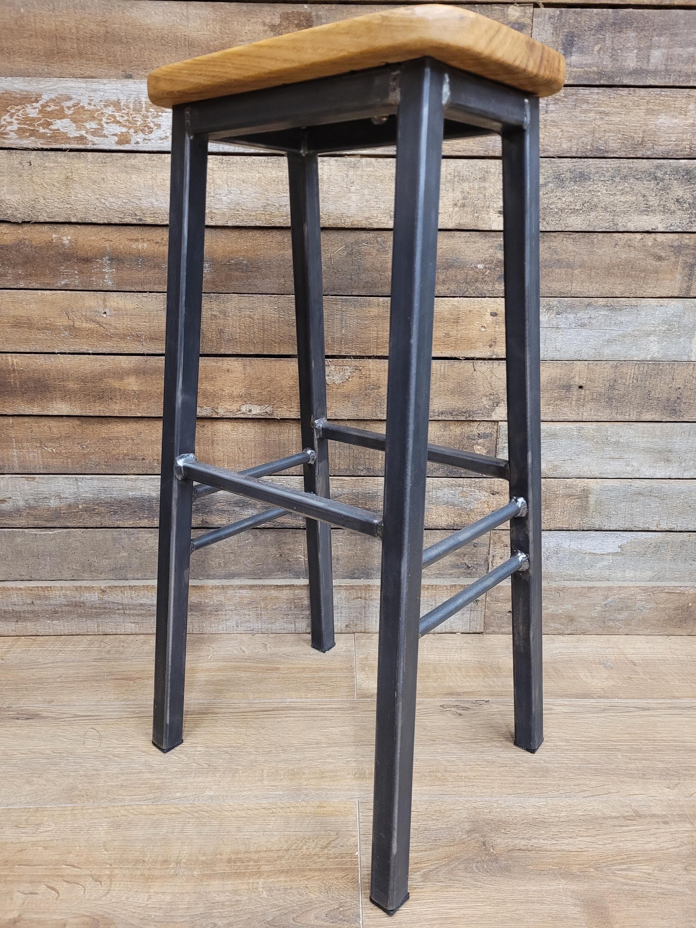 Pair Industrial Oak Bar Stools Metal Frame Kitchen Breakfast Seating