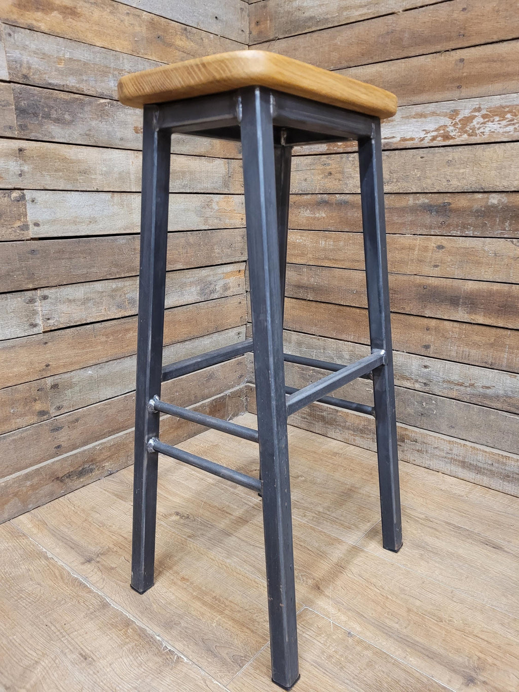 Pair Industrial Oak Bar Stools Metal Frame Kitchen Breakfast Seating