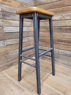 Pair Industrial Oak Bar Stools Metal Frame Kitchen Breakfast Seating