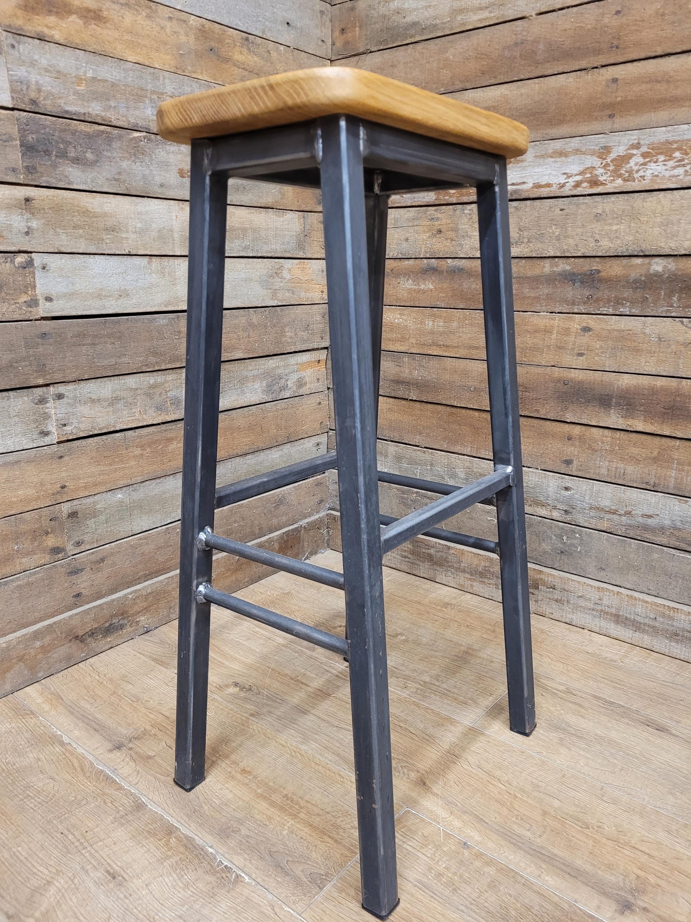 Pair Industrial Oak Bar Stools Metal Frame Kitchen Breakfast Seating