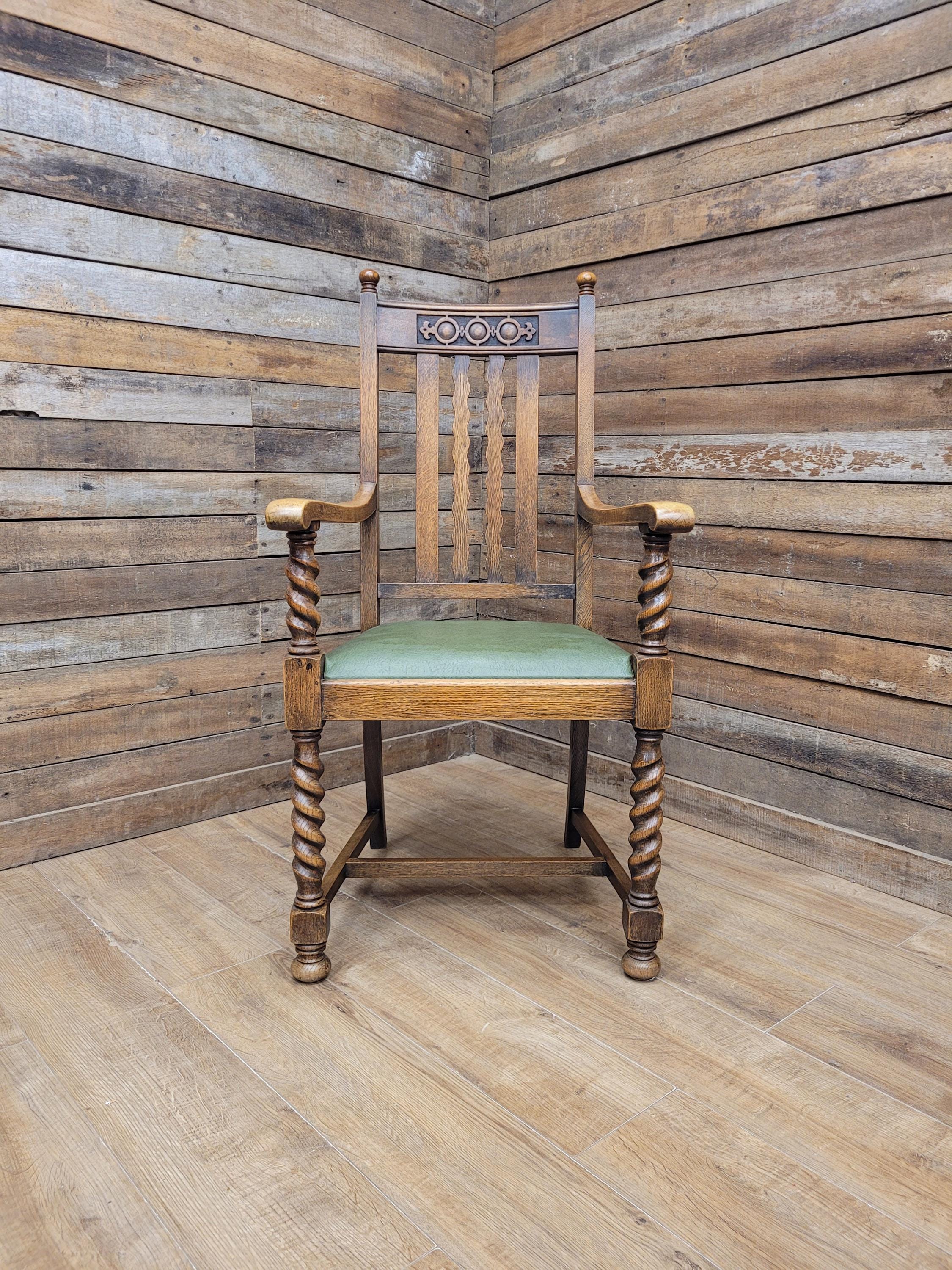 Oak Barley Twist Armchair Arts And Crafts Hall Chair Faux Leather Seat