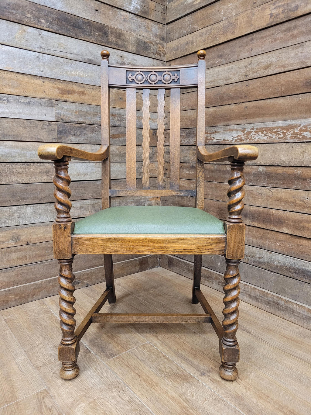 Oak Barley Twist Armchair Arts And Crafts Hall Chair Faux Leather Seat