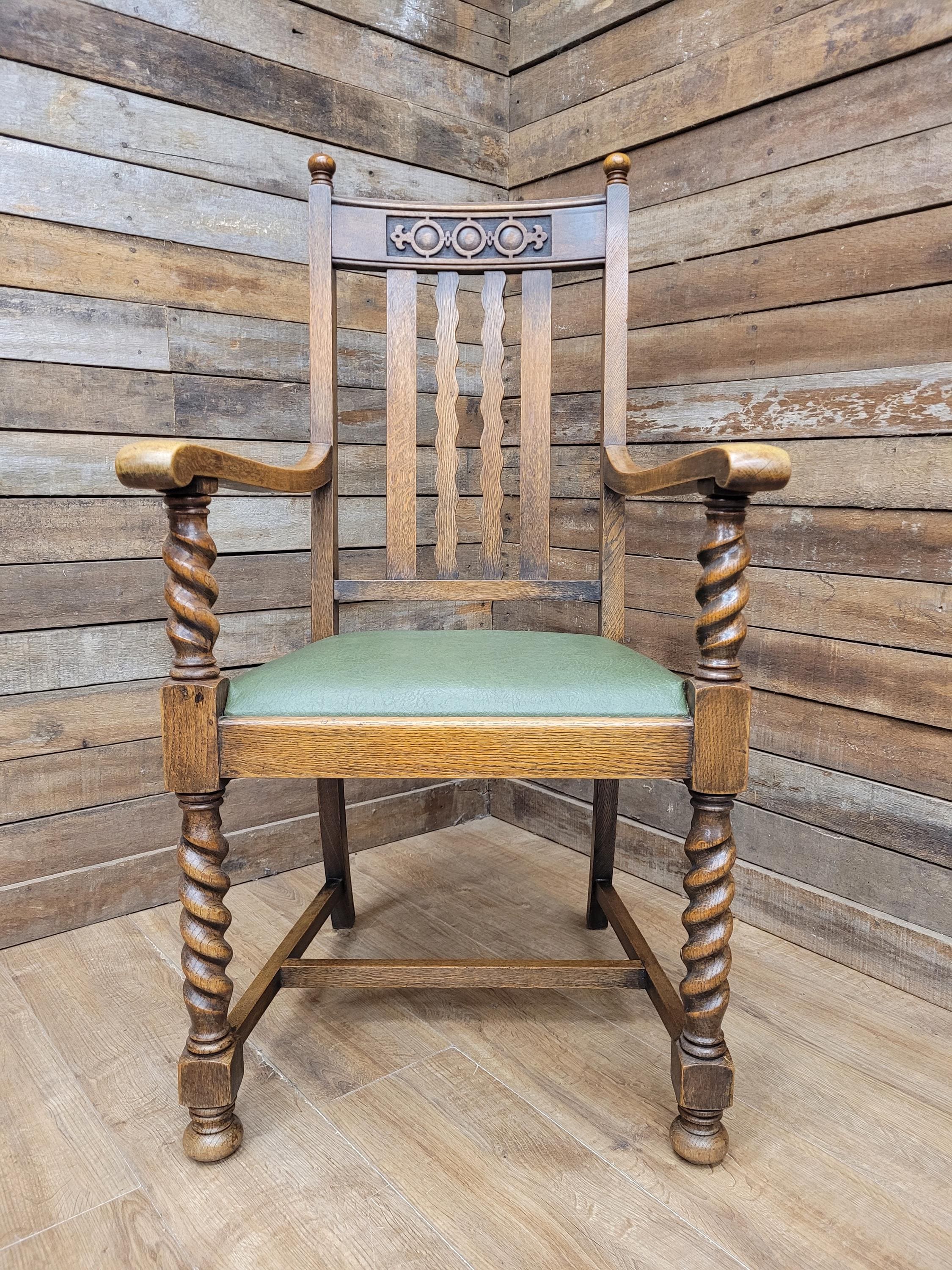 Oak Barley Twist Armchair Arts And Crafts Hall Chair Faux Leather Seat