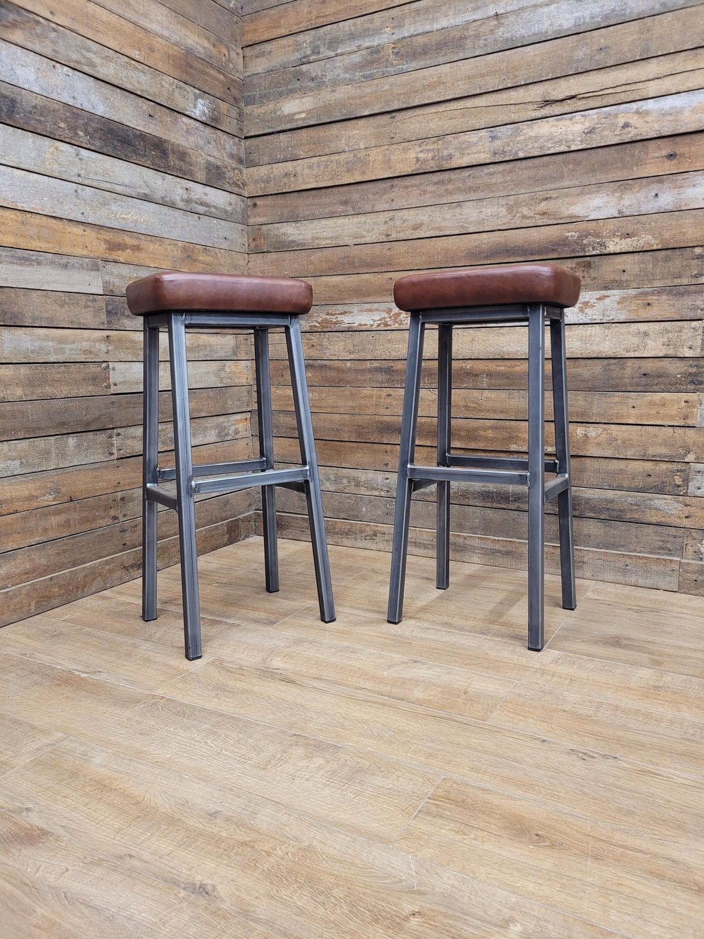 Pair Industrial Bar Stools Faux Leather Metal Frame Seating