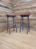 Pair Industrial Bar Stools Faux Leather Metal Frame Seating