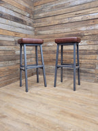 Pair Industrial Bar Stools Faux Leather Metal Frame Seating