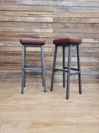 Pair Industrial Bar Stools Faux Leather Metal Frame Seating
