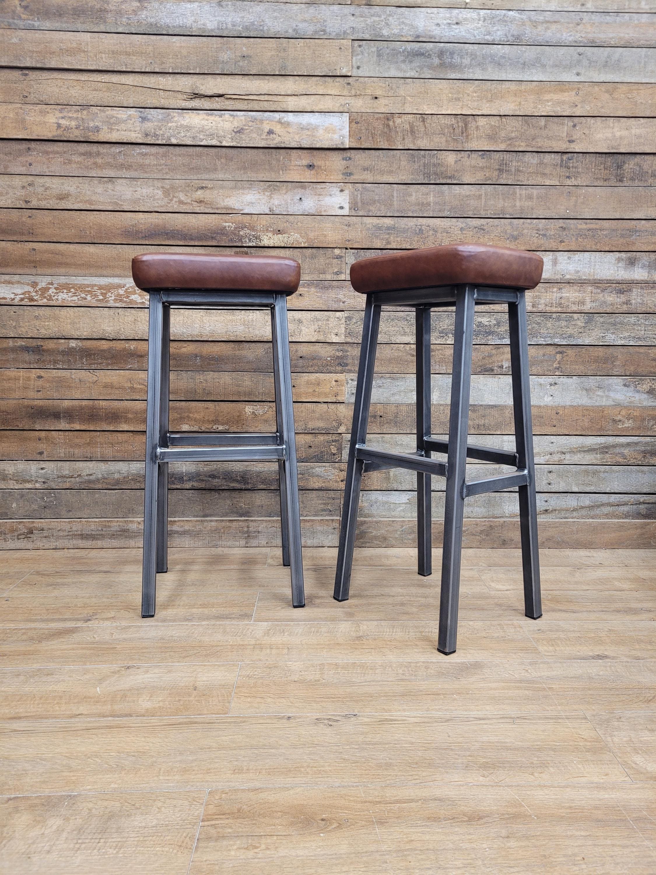Pair Industrial Bar Stools Faux Leather Metal Frame Seating